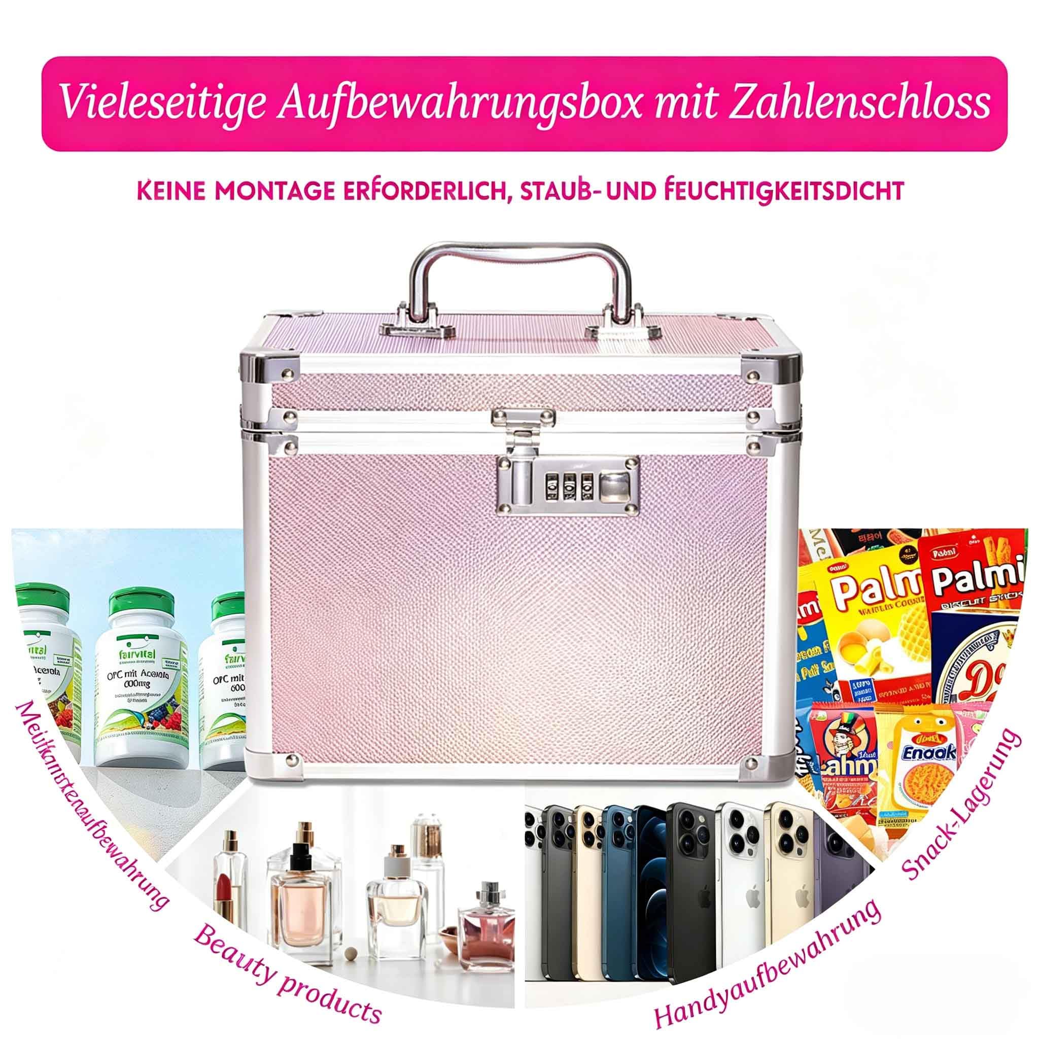 Aufbewahrungsbox mit Zahlenschloss, Abschließbare, Aluminium-Rahmen, 26x18x20 cm, für Medikamente, Dokumente und Wertsachen, Tresor Kinder (Holografik-Pink)