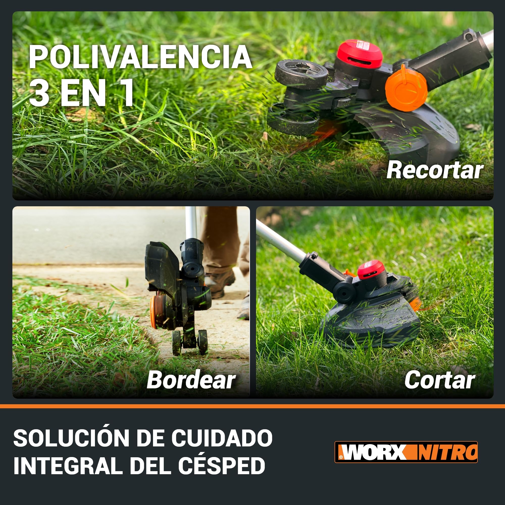 WORX Nitro WG173E.9 - Cortabordes con batería (20 V, Potente Motor sin escobillas, círculo de Corte de 33 cm, Comodidad de Uso Gracias al Mango de Goma, Compatible con PowerShare, sin batería ni