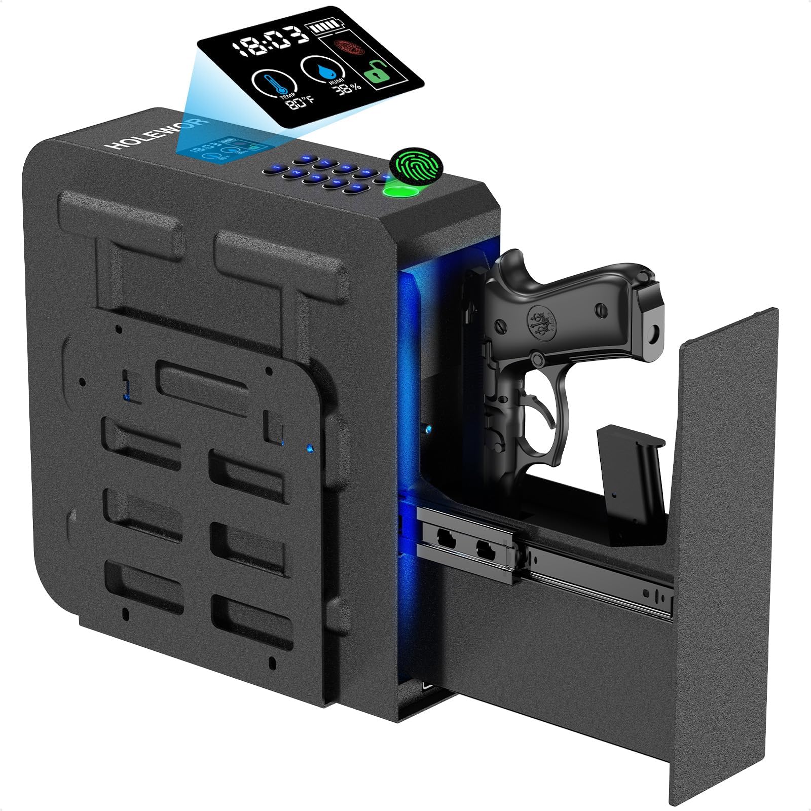 HOLEWOR Gun Safe, Slider Biometric Pistol Safe Fingerprint Bedside Gun Lock Box, 3 Ways Quick Access Mounted Handgun Case for Nightstand, Bed, Desk, Wall, Dresser