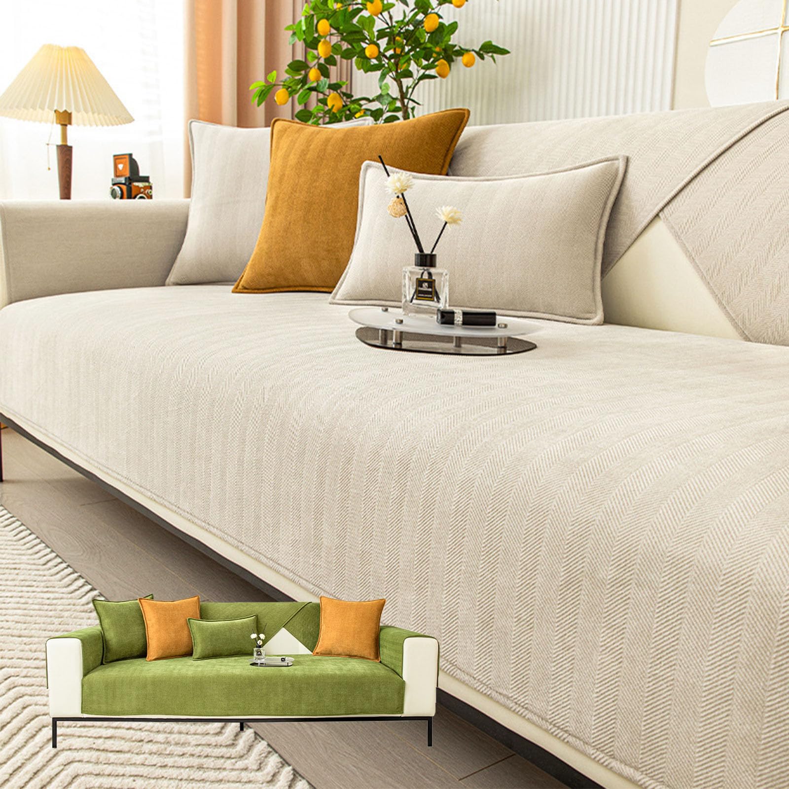 Herringbone Chenille Fabric Furniture Protector Couch Cover, Chenille Sofa Covers, Couch Cover for Dogs Washable, Pet Friendly Washable Non Slip