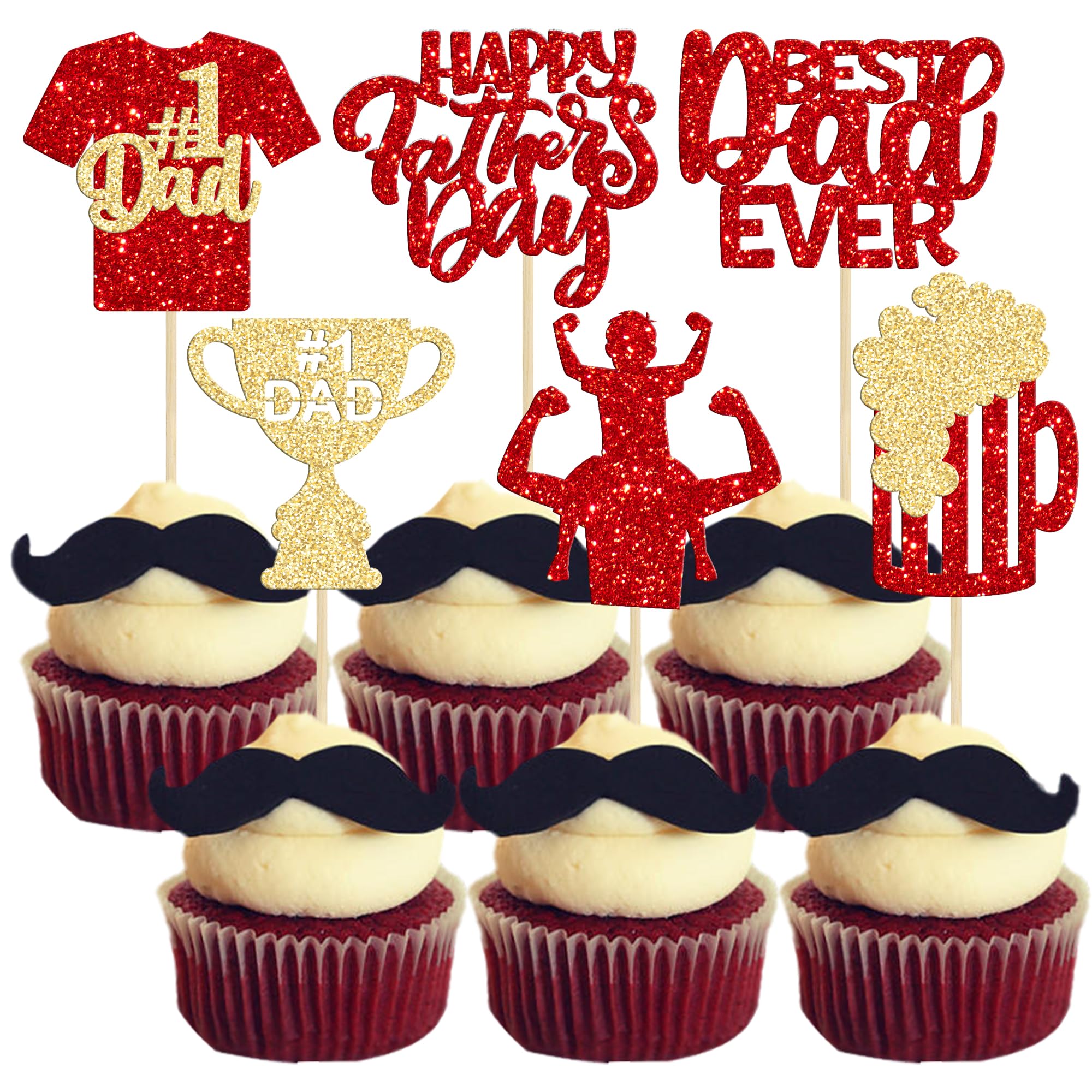 24 Pack Happy Father's Day Cupcake Toppers with Beer T-shirt Red Glitter Best Dad Ever No 1 Dad Cupcake Picks for Happy Father's Day Theme Party Cake