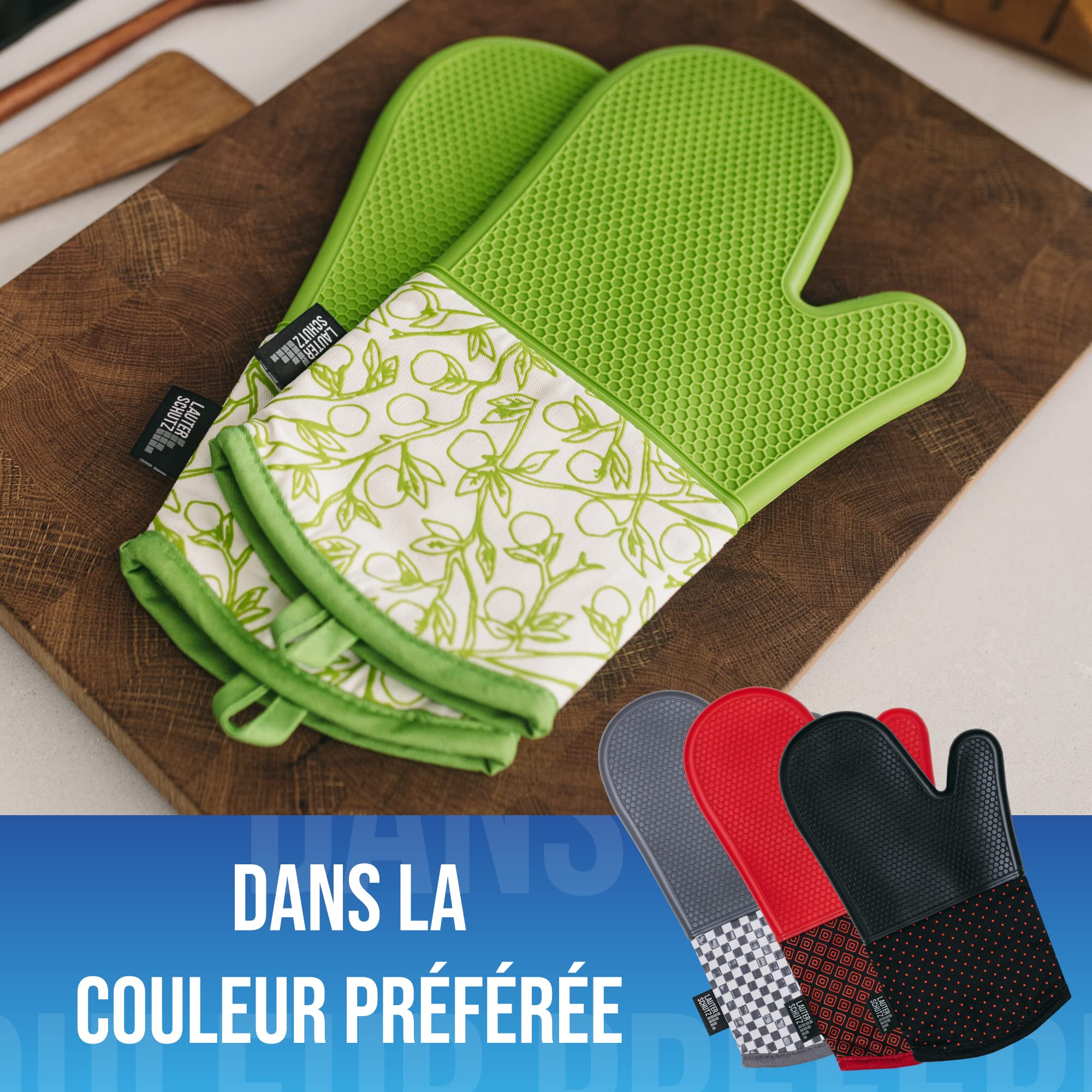 LauterSchutz Paire de gants de cuisine avec revêtement en silicone pour une meilleure adhérence et résistance à la chaleur (chaleur de contact : 250 °C) (vert, entièrement silicone