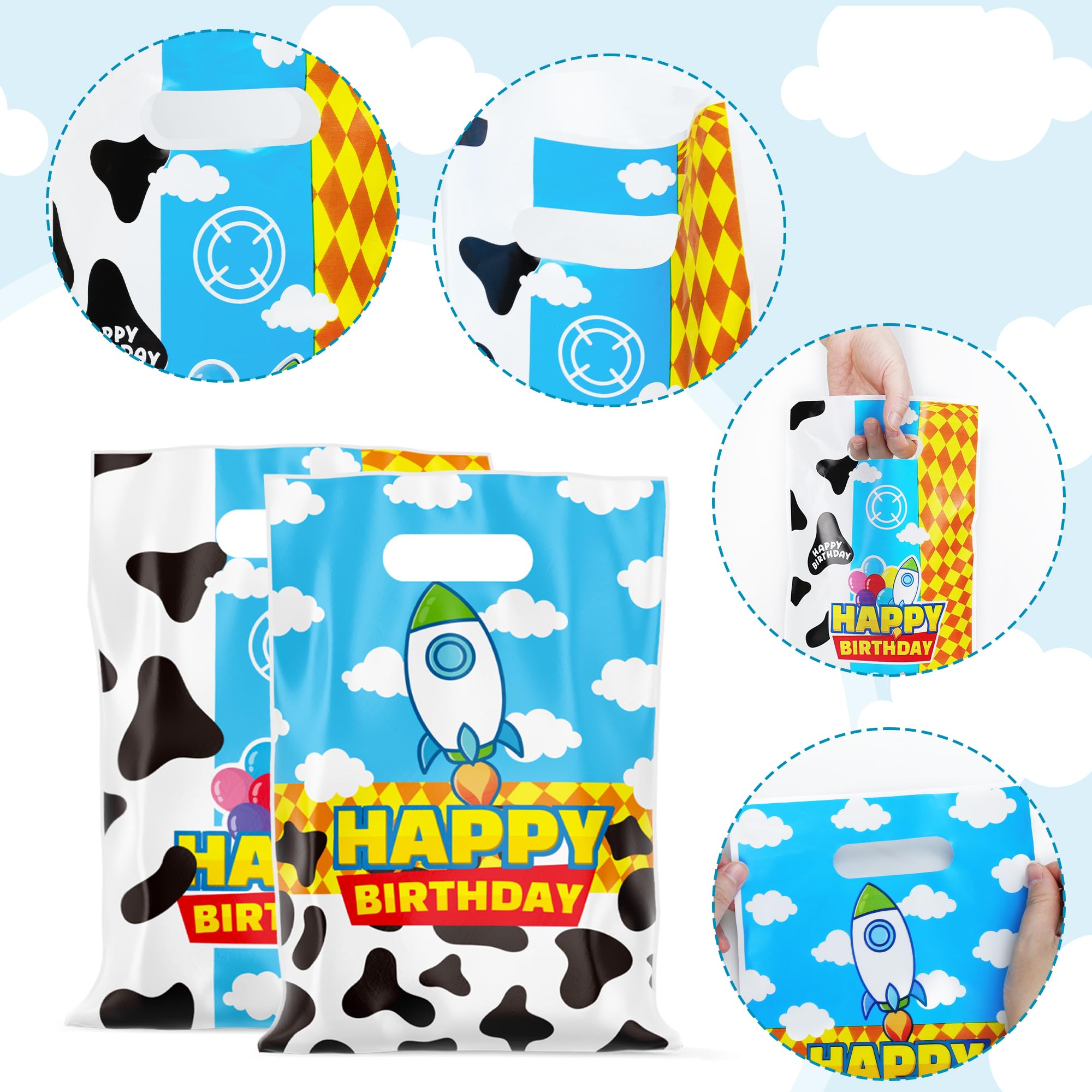 CHENRINDECO 50Pcs Cartoon Story Goodie Bags Cow Pattern Birthday Party Favor Bags Blue Sky White Cloud Plastic Bags with Handle for Toy Themed Birthday Party Supplies