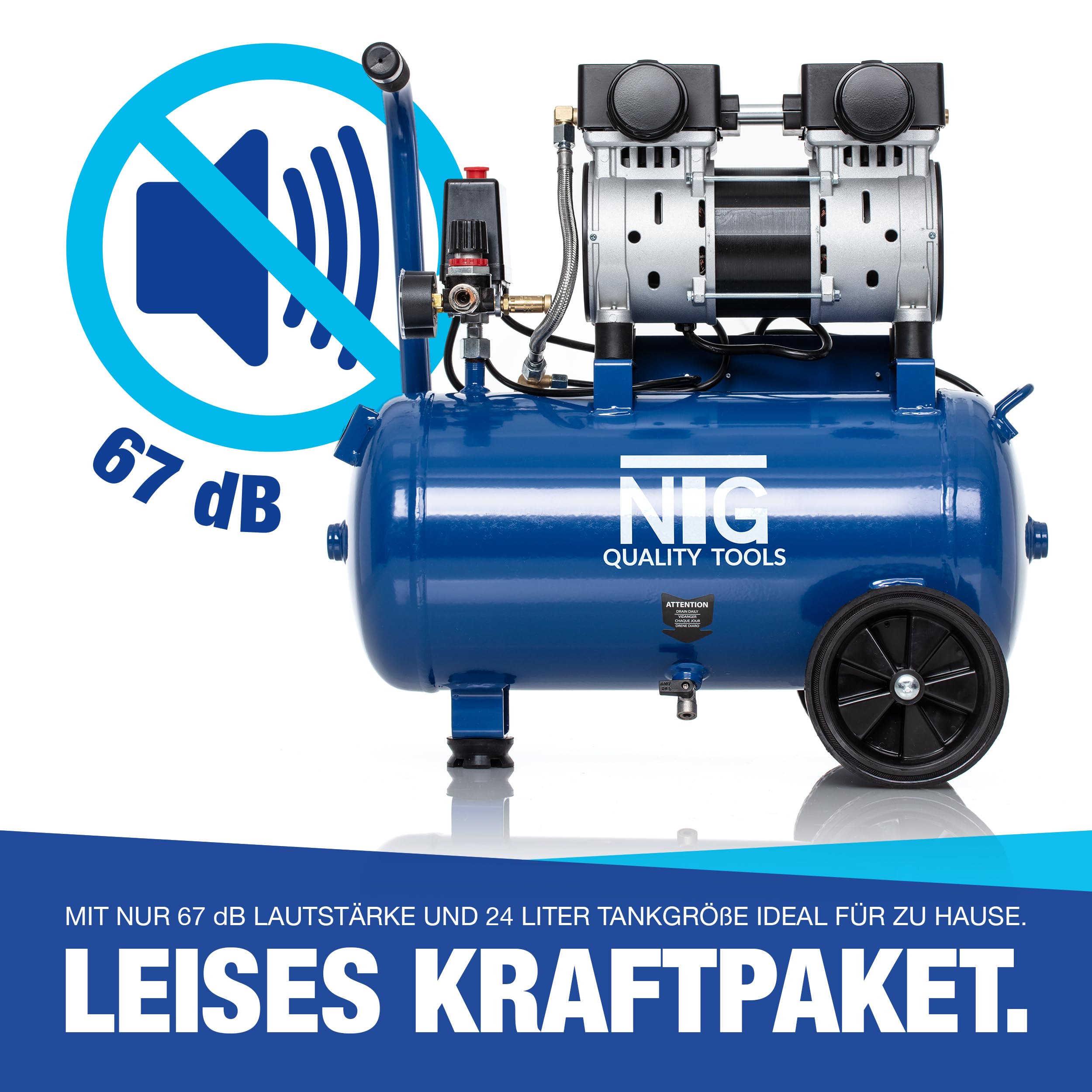 NTG Silent Druckluft Kompressor 1470W Starke Leistung 24 Liter Tank 9 Bar Ölfrei | besonders leise und flexibel einsetzbar mit 2 x Manometer und Druckregler