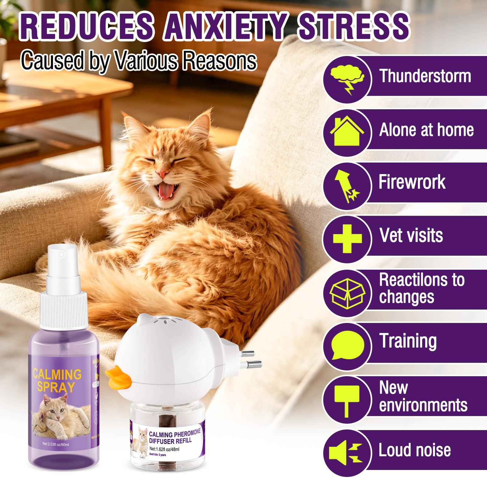 Diffuseur Et Spray Calmants De Phéromones pour Chats,Soulagement du Stress Réduisent Les Bagarres Et Les Griffures,Solution Sûre Et Efficace pour Les Chats Anxieux (2 Recharge+1 Spray)