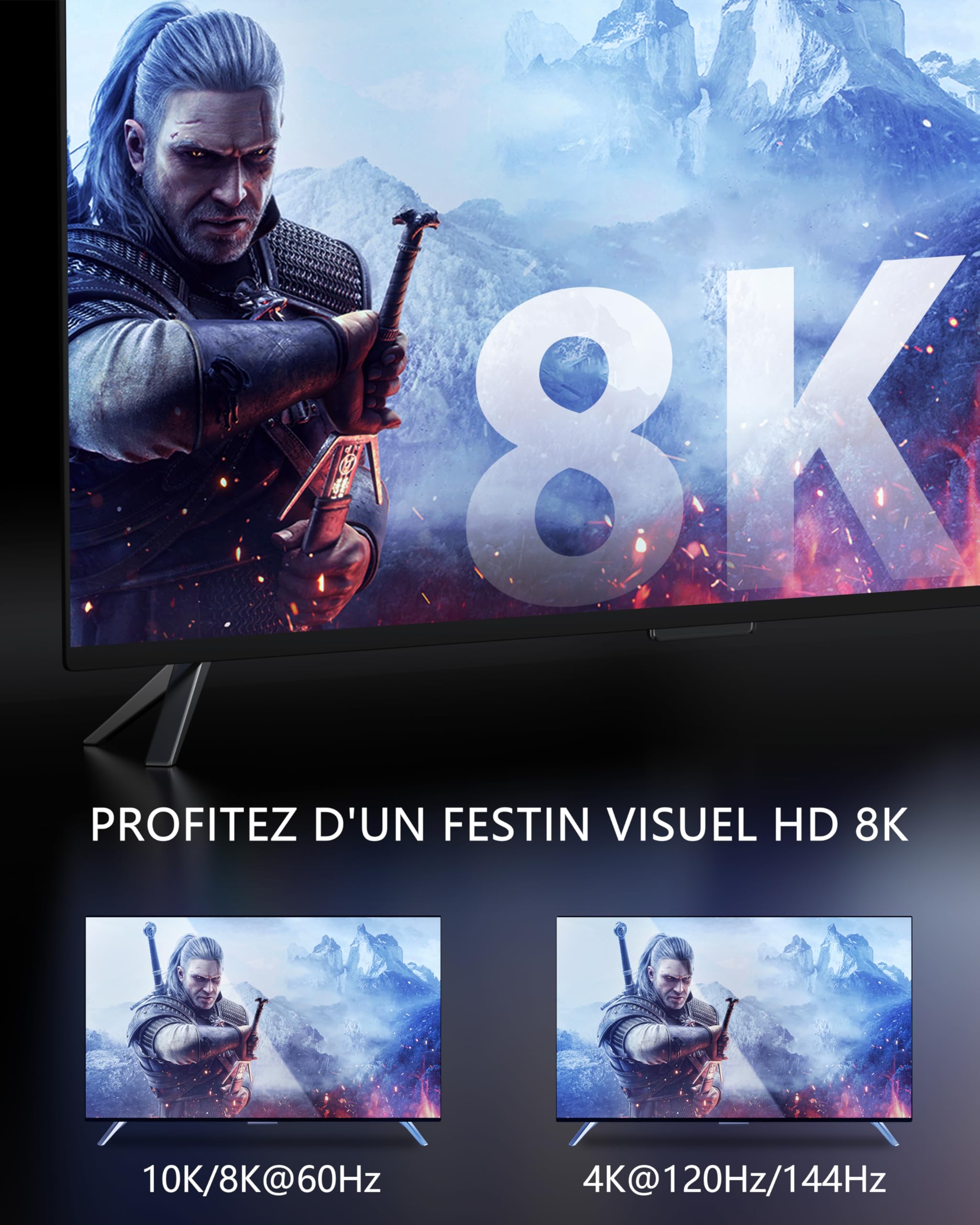 Stouchi Câble HDMI 1.2m,10K 8K Ultra HD 48Gbps Haute Vitesse 8K60Hz 4K120Hz 144Hz RTX 3080 eARC HDR10 4:4:4 HDCP 2.2&2.3 Dolby HDMI 2.1 Compatible avec Fire TV/Roku TV/PS5/Xbox Series/Samsung/Sony