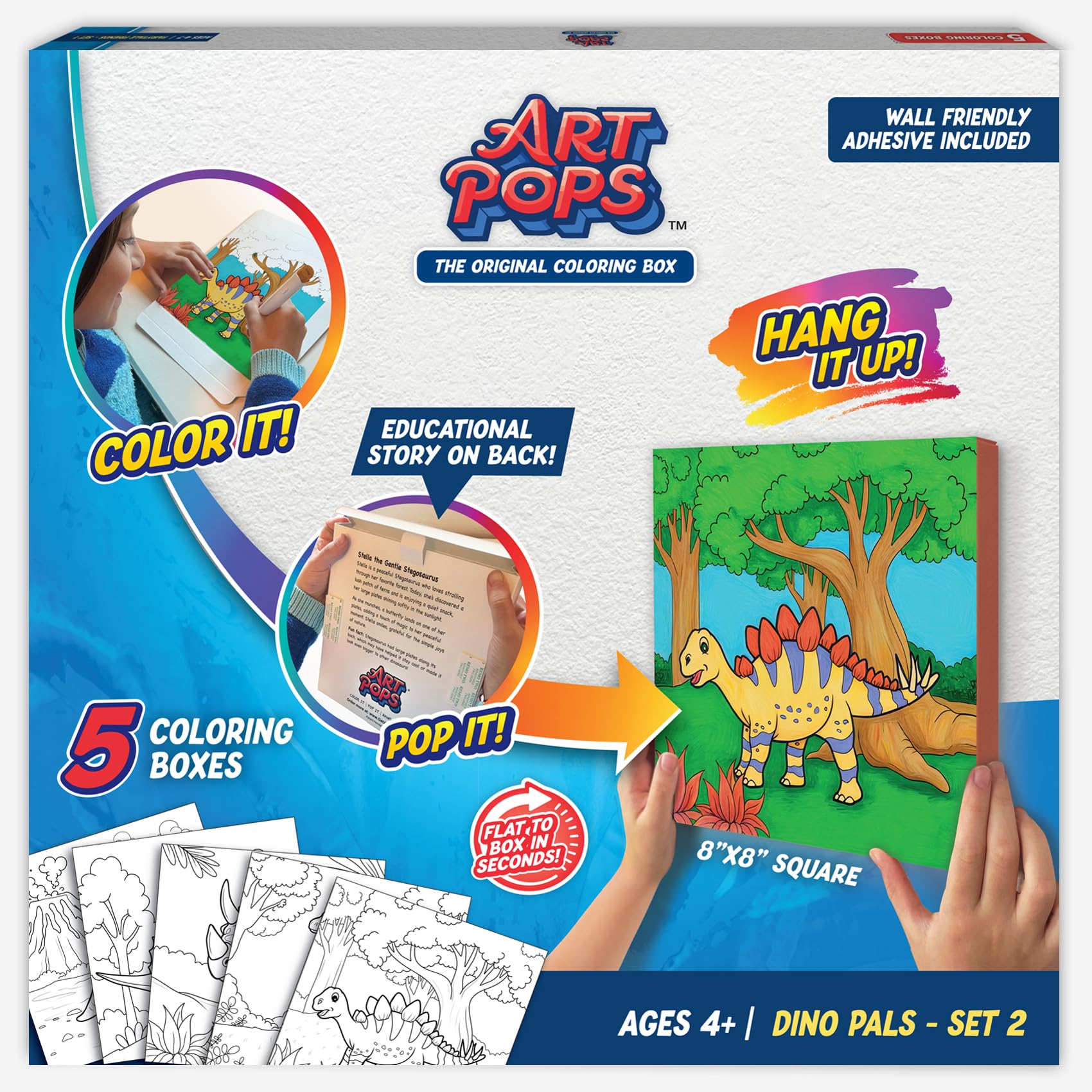 ArtPops Coloring Boxes – Pop-Up Pre-Printed Coloring Box Set – DIY Wall Art Kit for Kids – Eco-Friendly, Easy to Hang, No Frame Needed – 5-Pack, Dino Friends