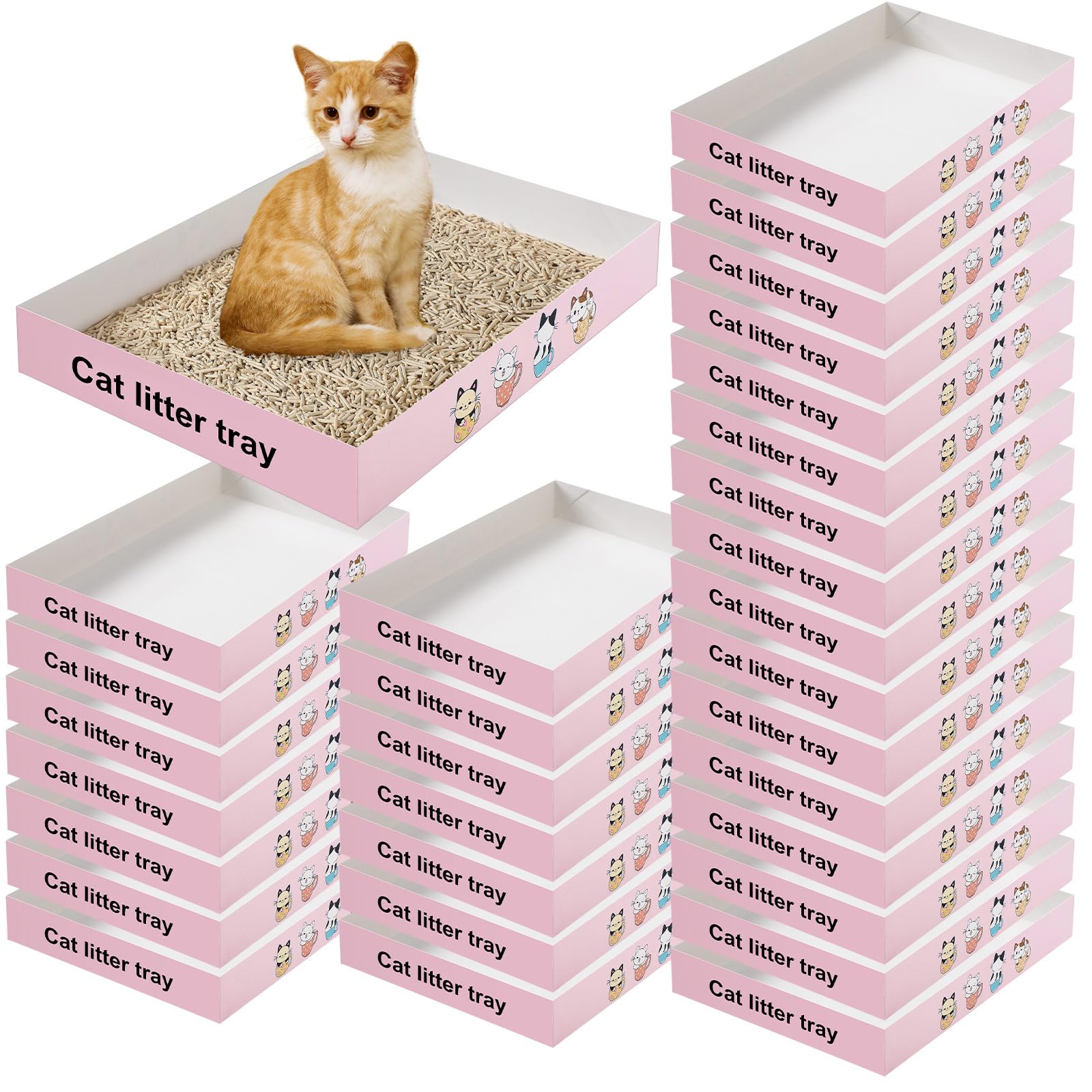 Roshtia 30 Pcs Disposable Cat Litter Box Foldable Paper Kitty Litter Tray 13.8 x 10 x 2 Inch Portable Kitten Litter Box Low Entry Waterproof Lightweight Cardboard Litter Tray (Pink Cat Litter Tray)