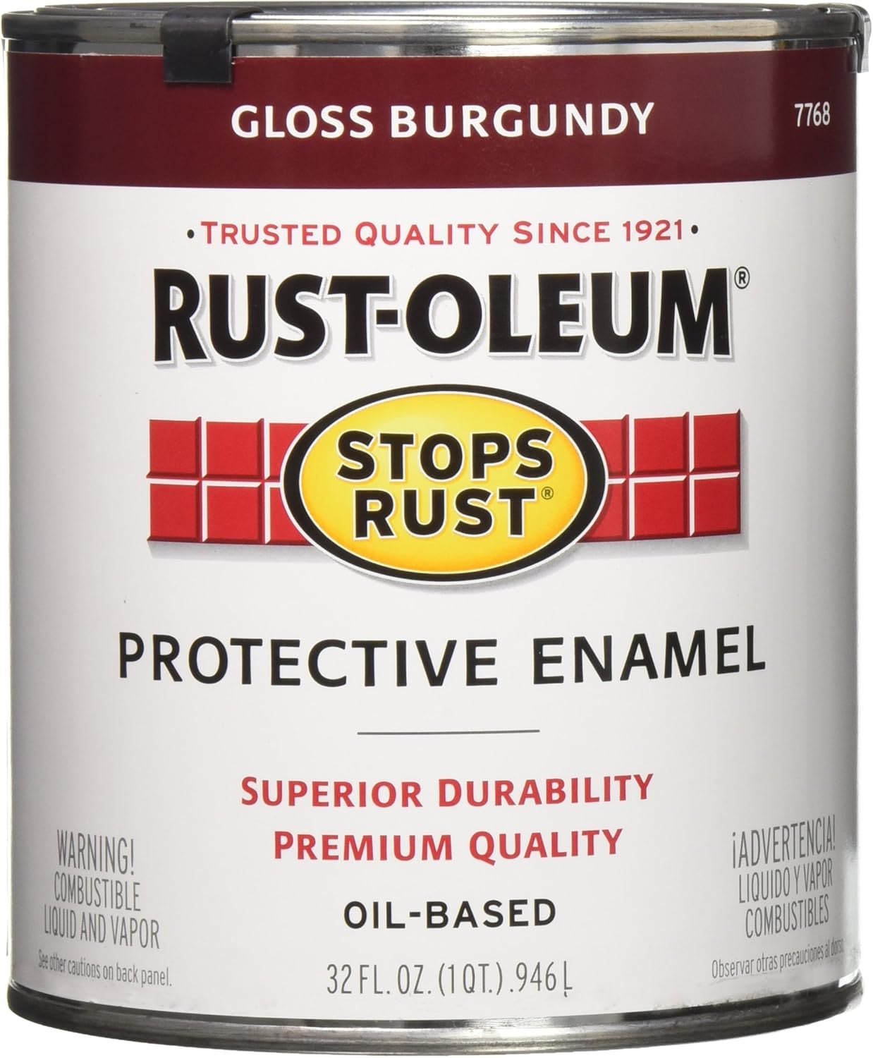 RustOleum 7768502 Stops Rust Brush On Paint, Quart, Gloss Burgundy, 32