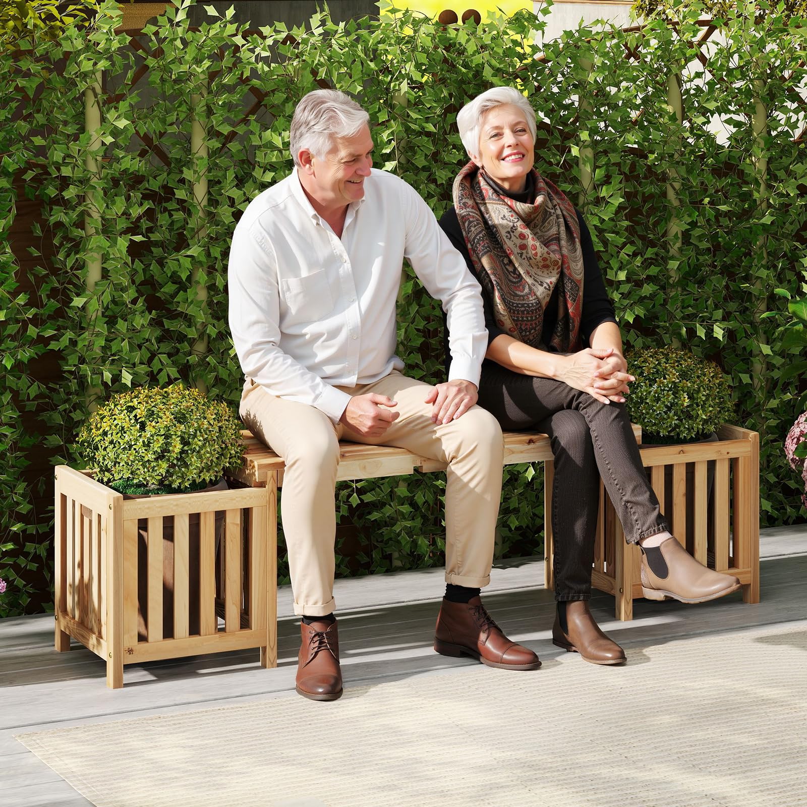 HOMASIS 2 in 1 Blumenkasten mit Gartenbank, 2-Sitzer Sitzbank mit 2 Pflanzkästen, 2 Pflanzkübel mit Bank aus Massivholz, Outdoor Holzbank Gartenmöbel für Garten Hof Terrasse (Natur, 173x40x48 cm)