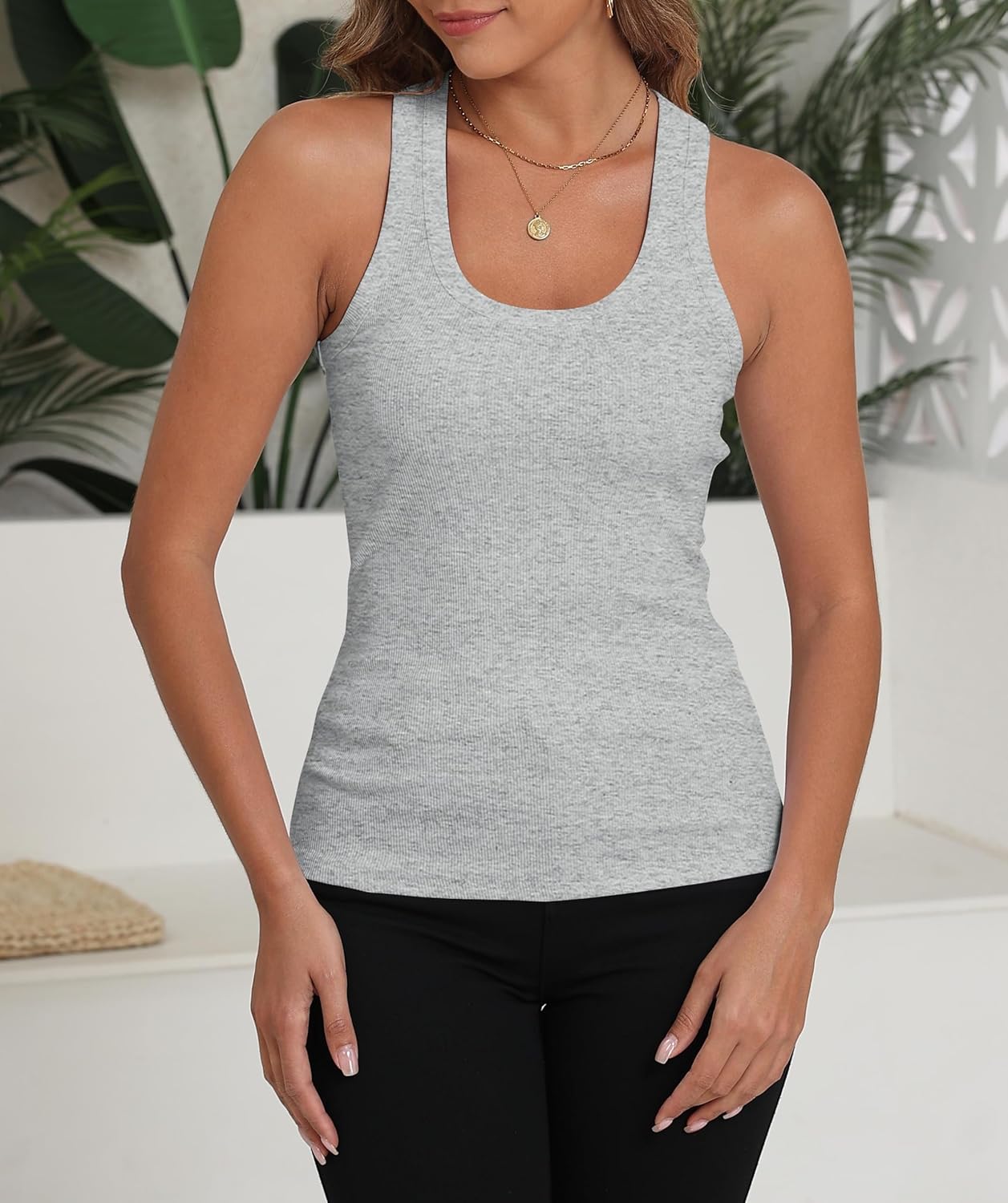 GEMBERA Womens Scoop Neck Sleeveless Racerback Ribbed Knit Slim Fitted Basic Tank Top Shirt - Image 3