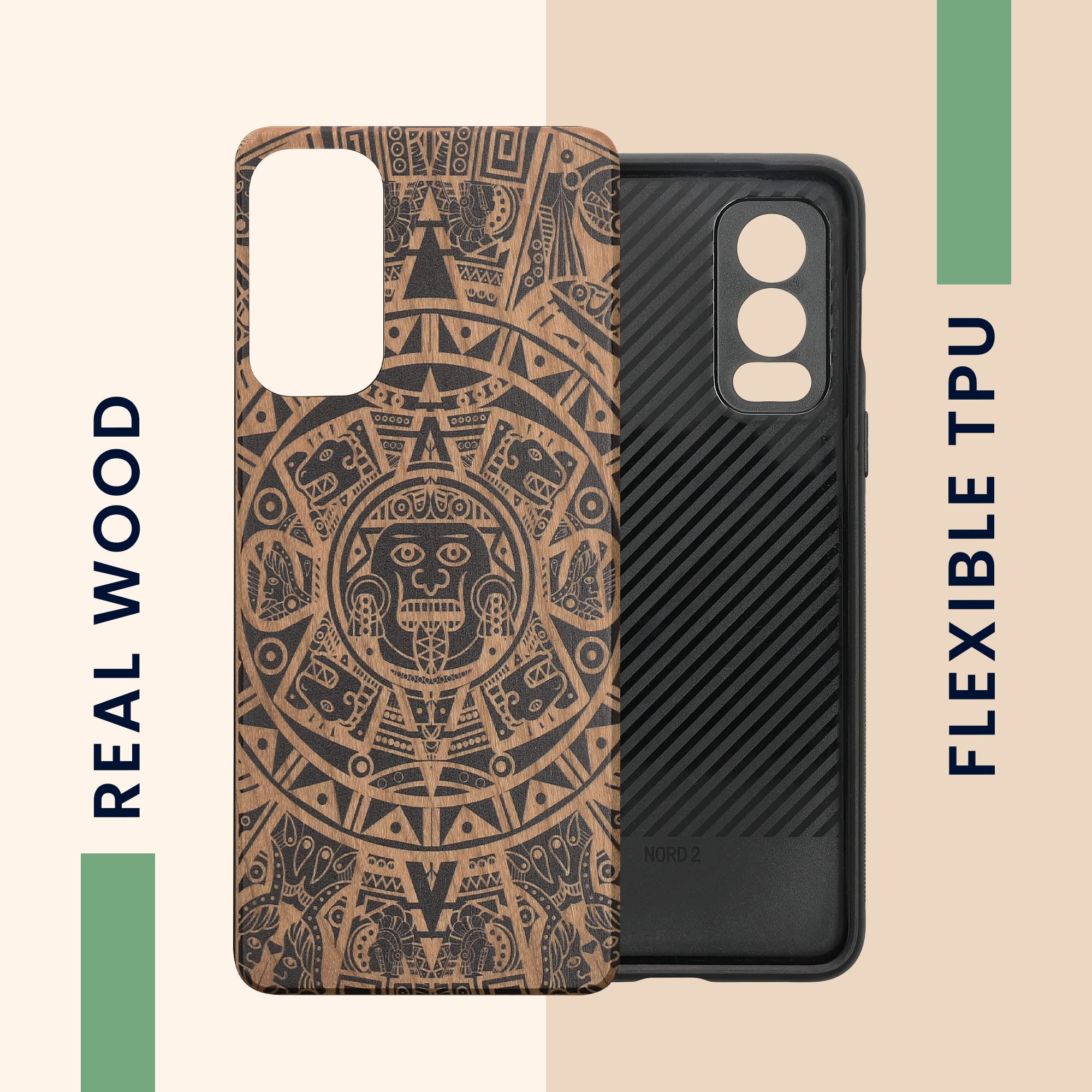 Kwnobile Holzhülle Für OnePlus Nord 2 5G – Maya-Kalender Design, TPU-Rahmen, Stoßfest & Einzigartig Gemasert