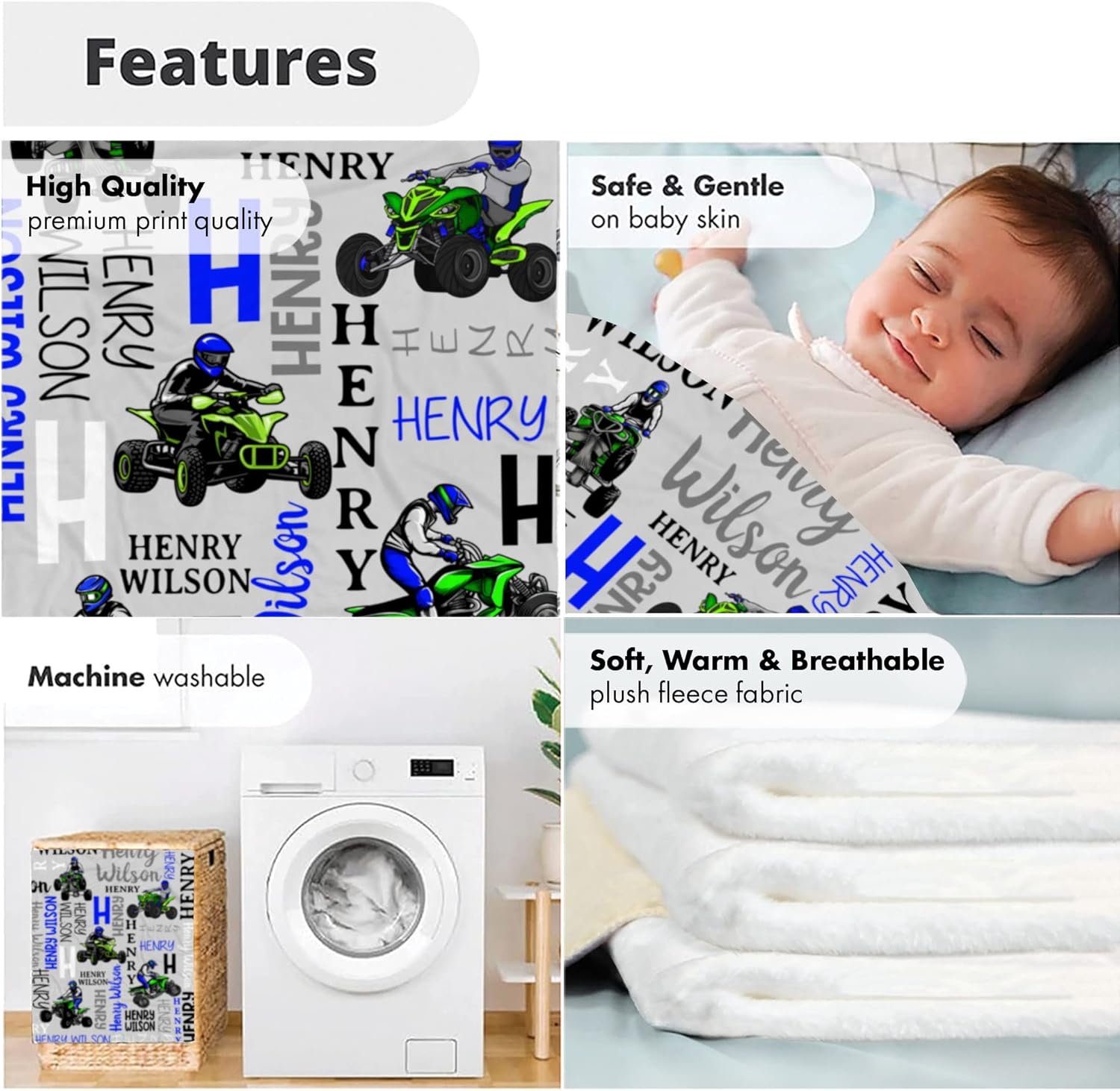 Personalized ATV Racing Baby Blanket, Custom Name Off-Road Quad Fleece Throw, Extreme Sports Nursery Bedding, Soft Motorbike Infant Swaddle, Cool Dirt Bike Toddler Gift