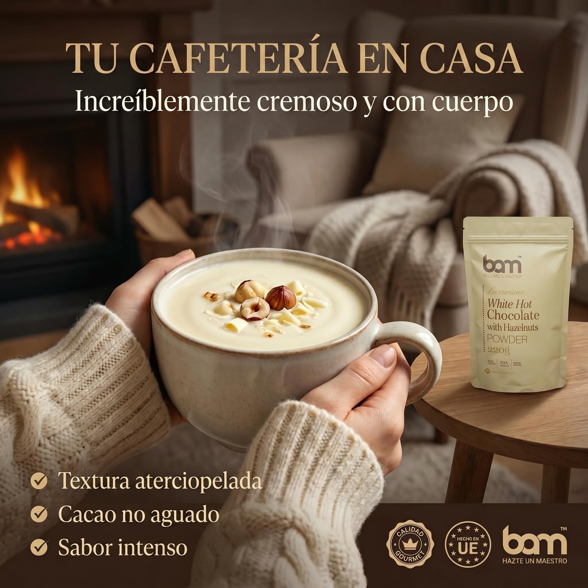 BAM Chocolate Blanco a la Taza con Avellanas, 220 g – Chocolate Caliente en Polvo – Preparado para Bebida Suave y Cremosa con Cuchara Medidora