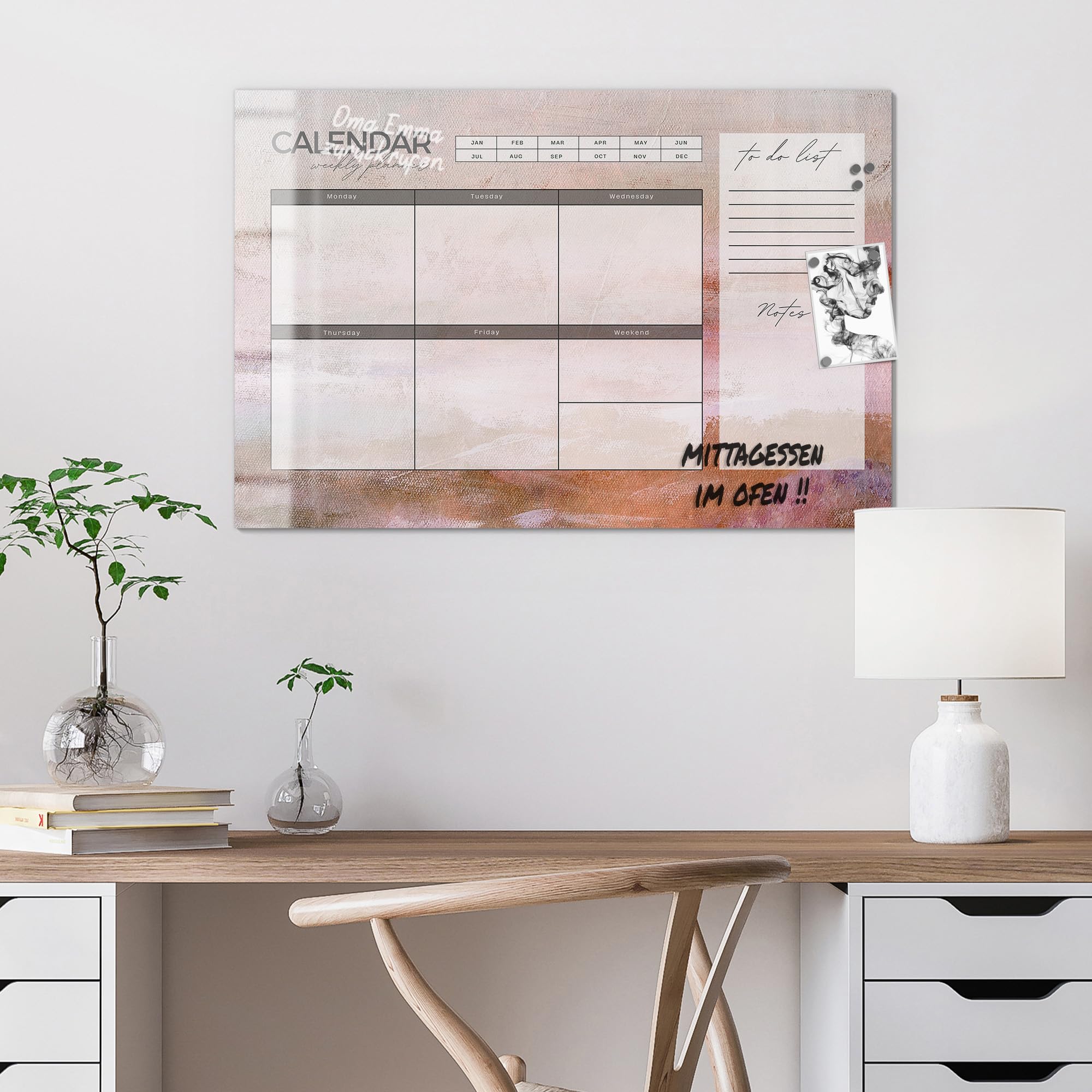 DEQORI Lavagna magnetica in vetro | 90 x 60 cm | motivo "Agenda settimanale Art (EN)" | Lavagna magnetica con magneti, penna e panno per cucina e ufficio, lavagna magnetica e scrivibile