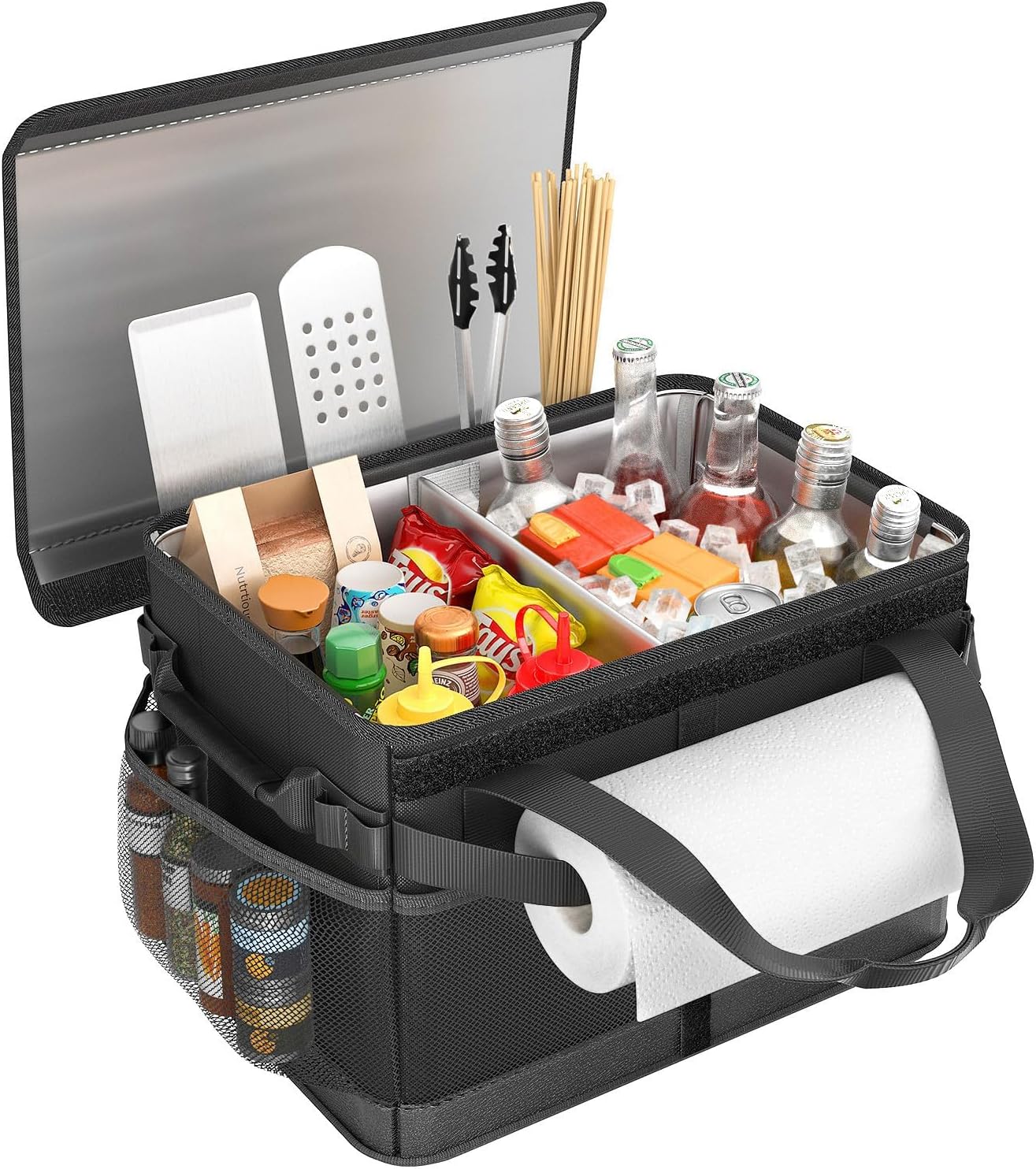 HULISEN Large Grill Caddy with Lid and Paper Towel Holder, BBQ Caddy for Outdoor Grill, Insulated Foldable Barbecue Picnic Caddy for Plates, Utensils, Camping Supplies, Travel or RV, Camper Must Haves