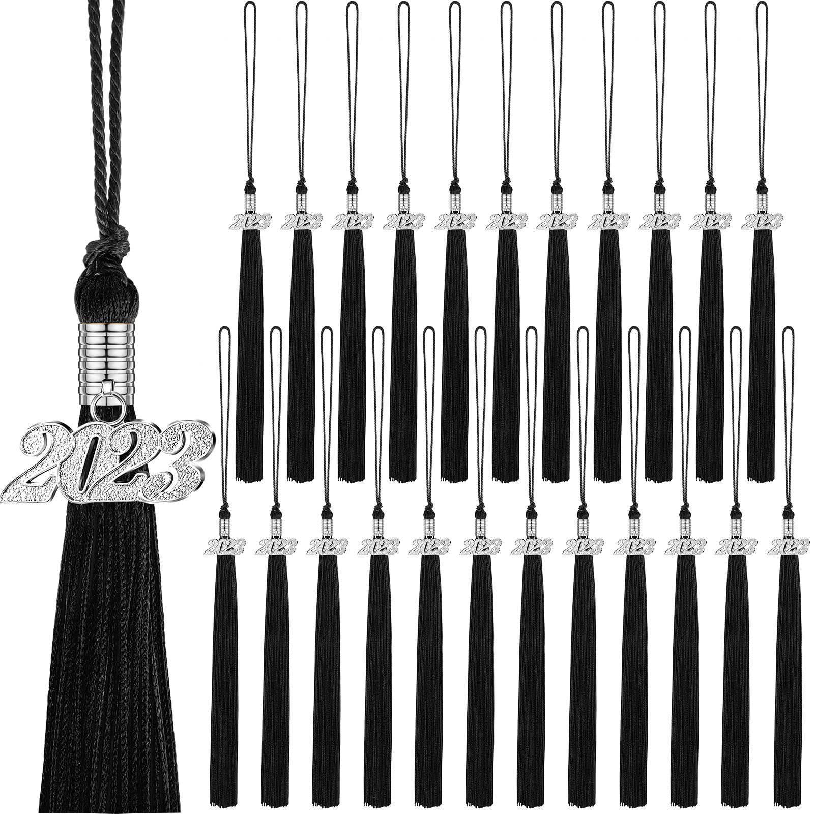 Photo 1 of 36 Pieces Graduation Tassels with 2023 Charms Graduation Cap Decoration Tassels 2023 Graduation Tassels with Gold Charms for Graduation Party Activities (Black, Silver)             2 ITEMS