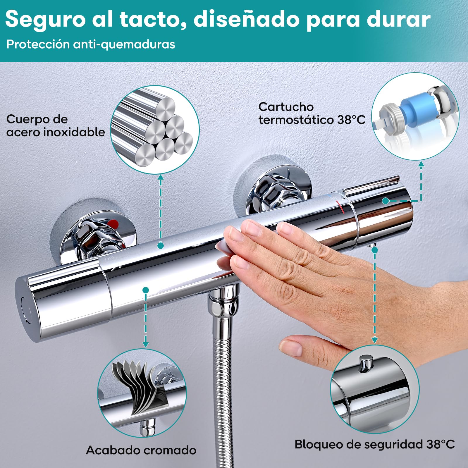 JZX Grifo Ducha Termostático, Grifo Ducha Botón de Seguridad 38°C, Cromado | Grifo de Ducha Termostático de acero Inoxidable, Instalación en Superficie, Termostático Ducha para Ducha y Bañera, Redondo