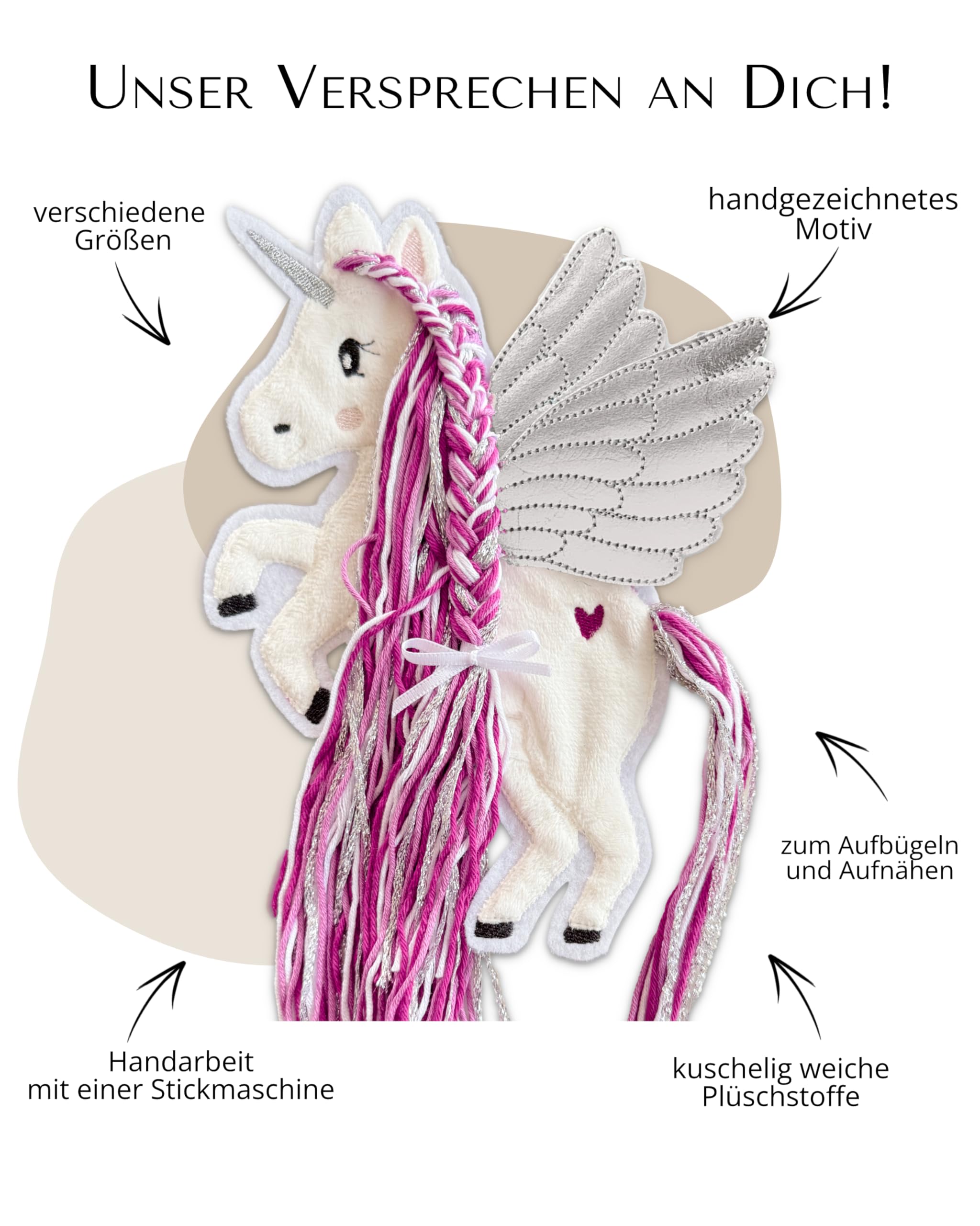 Applikation Pegasus mit Wollmähne Pink Beere Silber Aufbügler Einhorn mit Flügel für DIY Schultüte Zuckertüte Bügelbild Patch Bügelpatch Pferd weiß Glitzer (Groß (14x19 cm))
