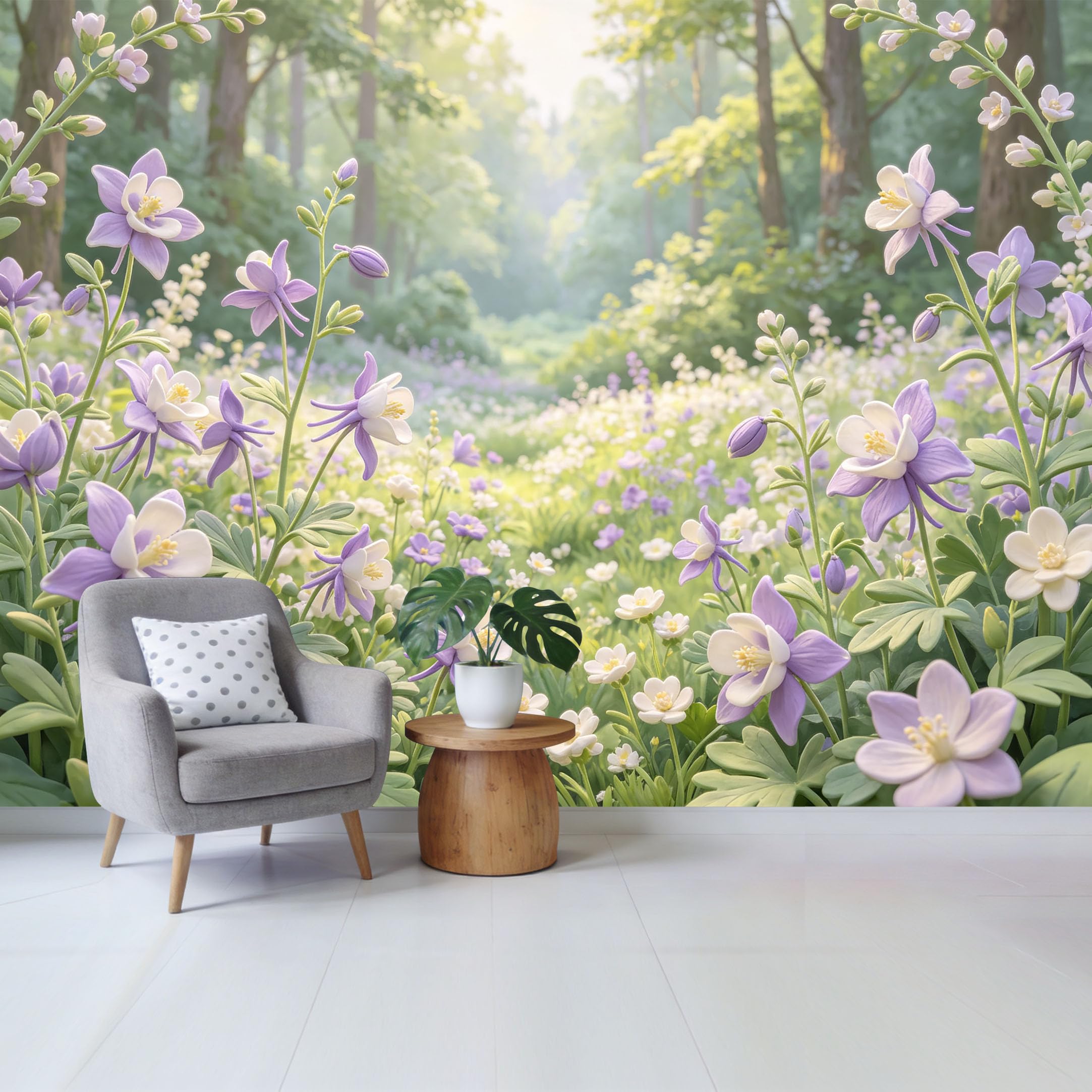Qzlithotic Yq2605250348 Custom Size Wall Mural Purple Columbine Flower Meadow Botanical Forest Landscape Selfadhesive Wall Fabric Removable Wallpaper For Home Office Decor