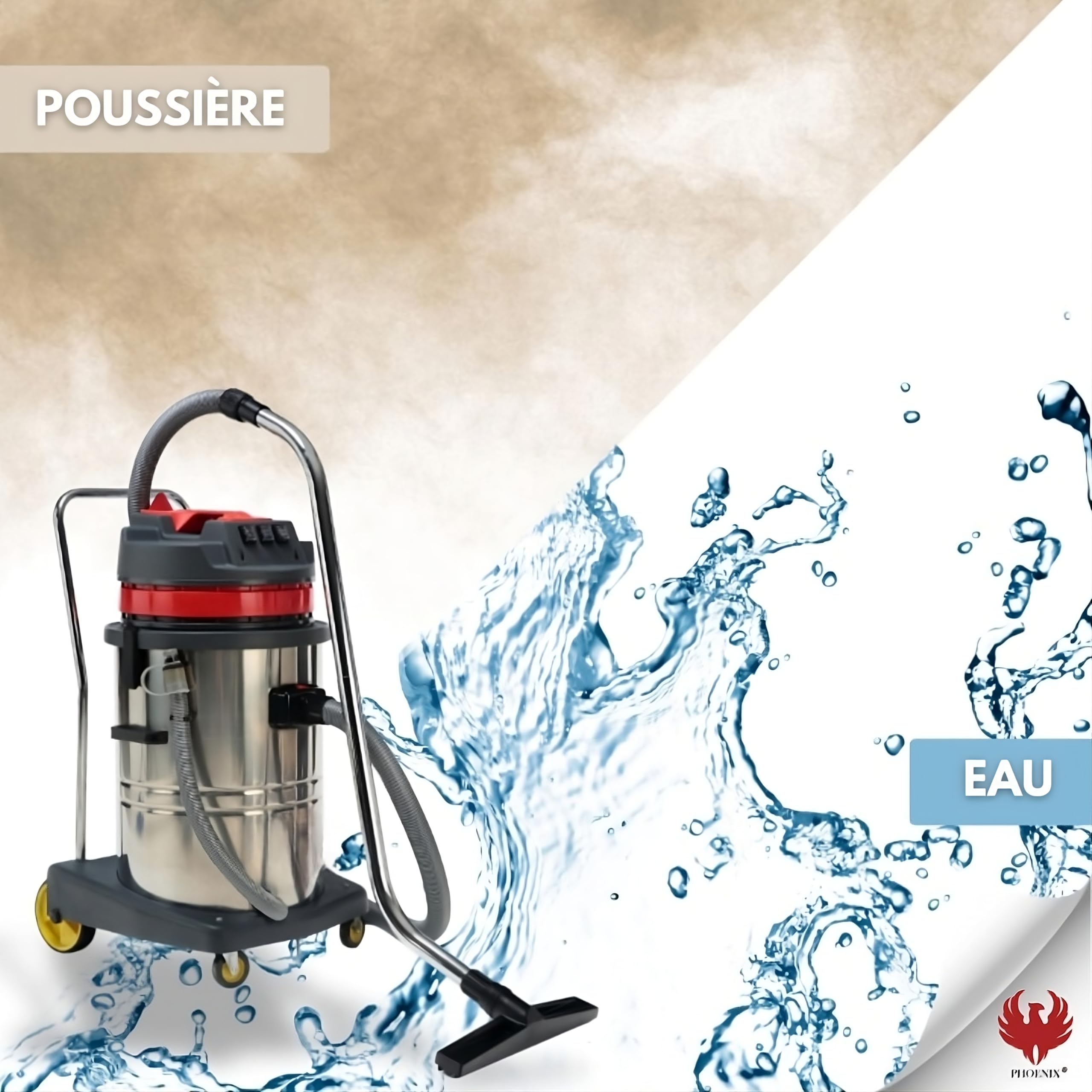 PHOENIX - Aspirateur eau et poussière 60L - Aspirateur chantier puissant 3000W réservoir inox - Idéal pour chantiers professionnels, nettoyage eau et poussière, Accessoires inclus câble 8m - 3 Moteurs