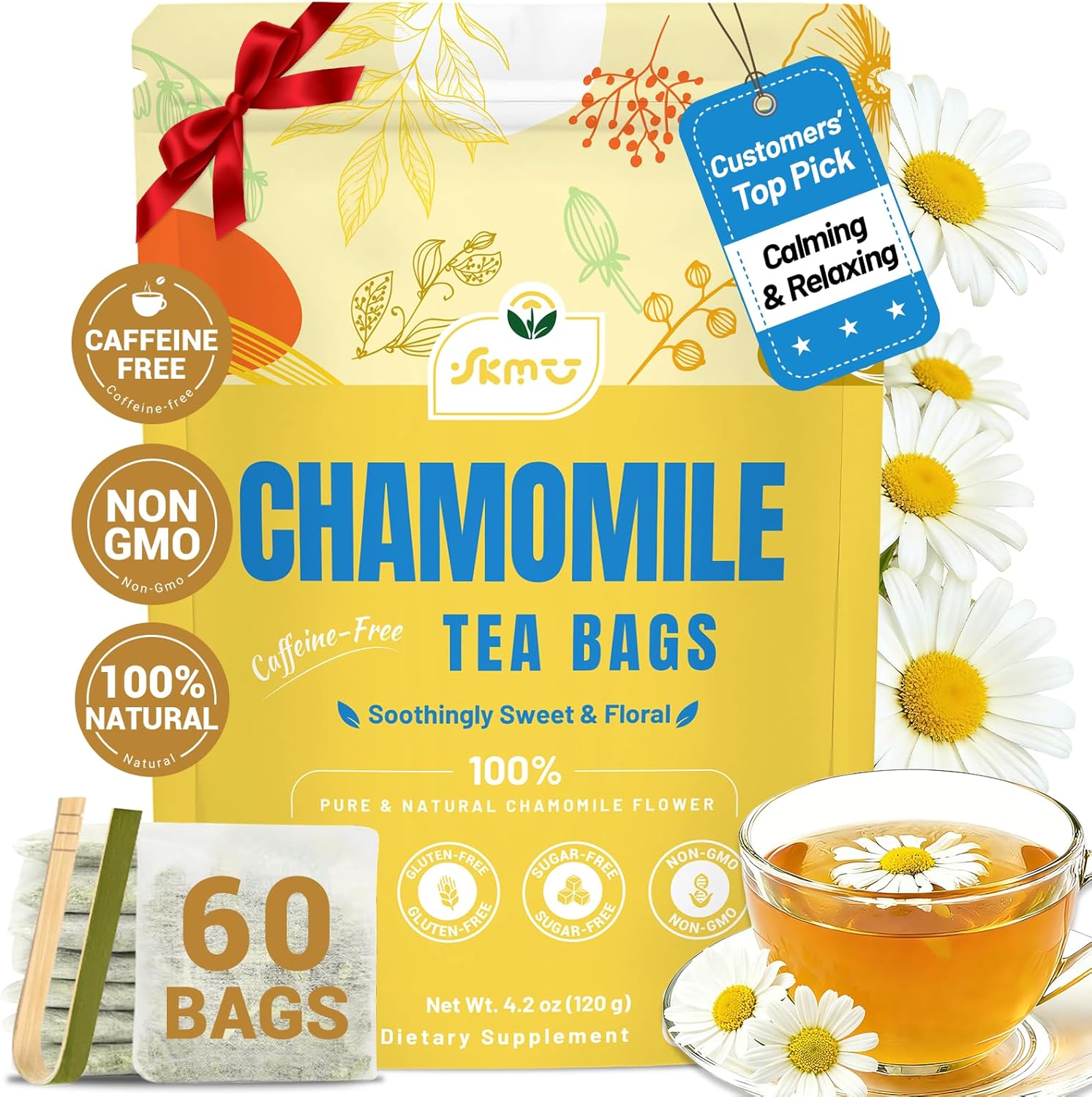 SKMTT Chamomile Tea Bags, 60 Count (2g/bag) - 100% Pure & Natural Chamomile Flower Herbal Tea for Relaxation, Caffeine Free & Non-GMO, No Additives