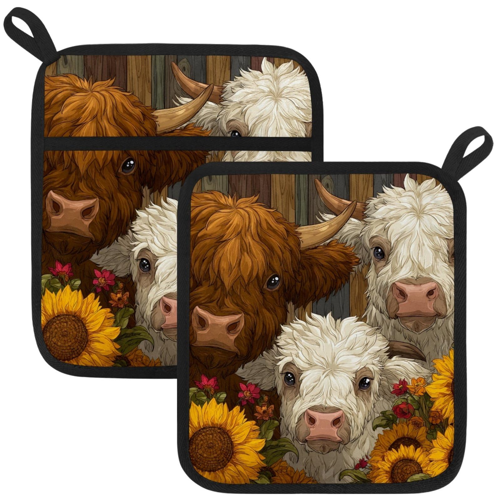 VAPOKF Highland Cow Sunflower Pot Holder, Heat Resistant Oven Cloths, Potholders & Oven Gloves, for Kitchen Cooking & Baking, Thick & Safe, Protection of Hands From Hot Utensils