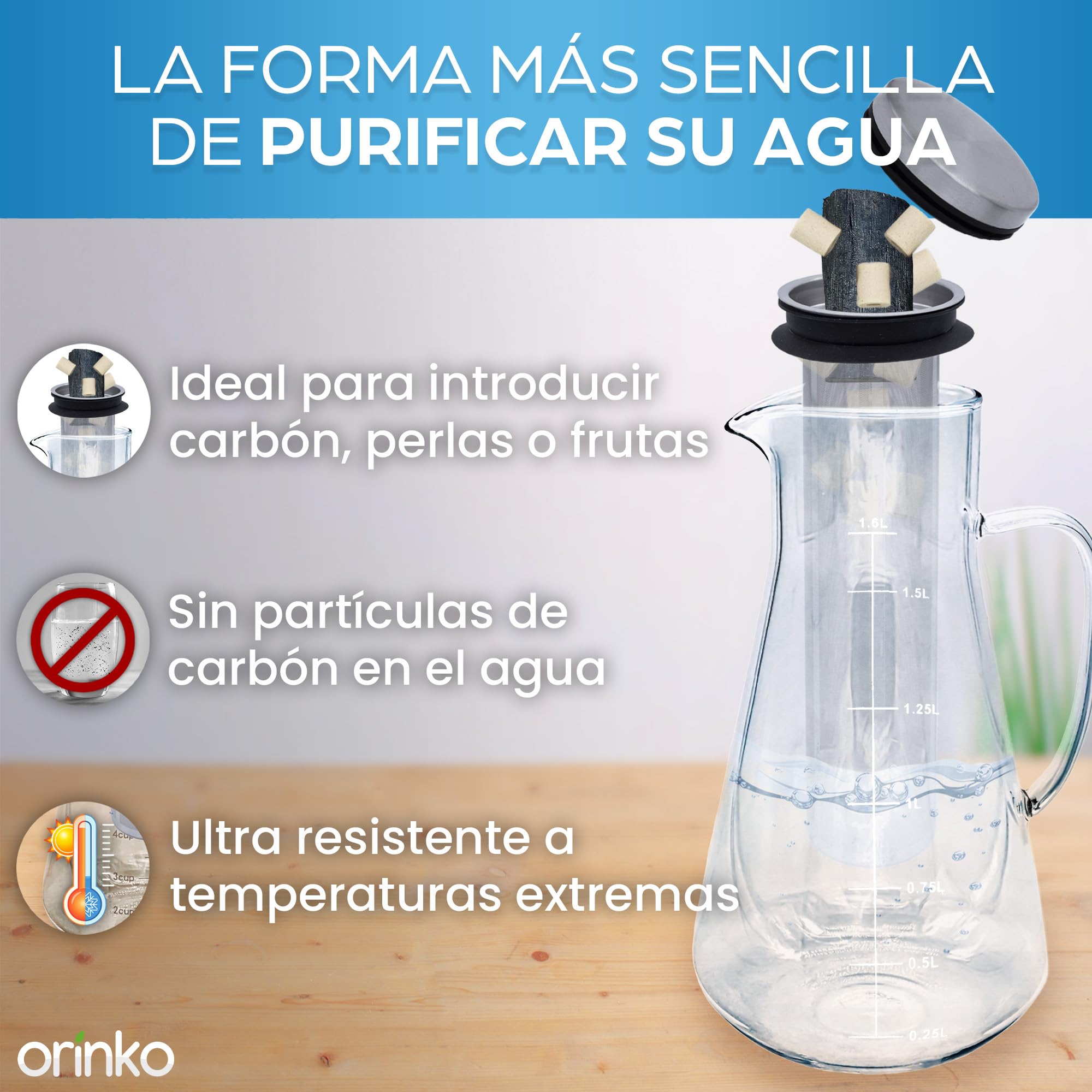 ORINKO® Jarra Cristal con Infusionador 1,6L con Carbón Activado Binchotan y Perlas de Cerámica EM x15 - Filtro Natural para Purificación de Agua - Ideal para Nevera, Café y Bebidas Saludables