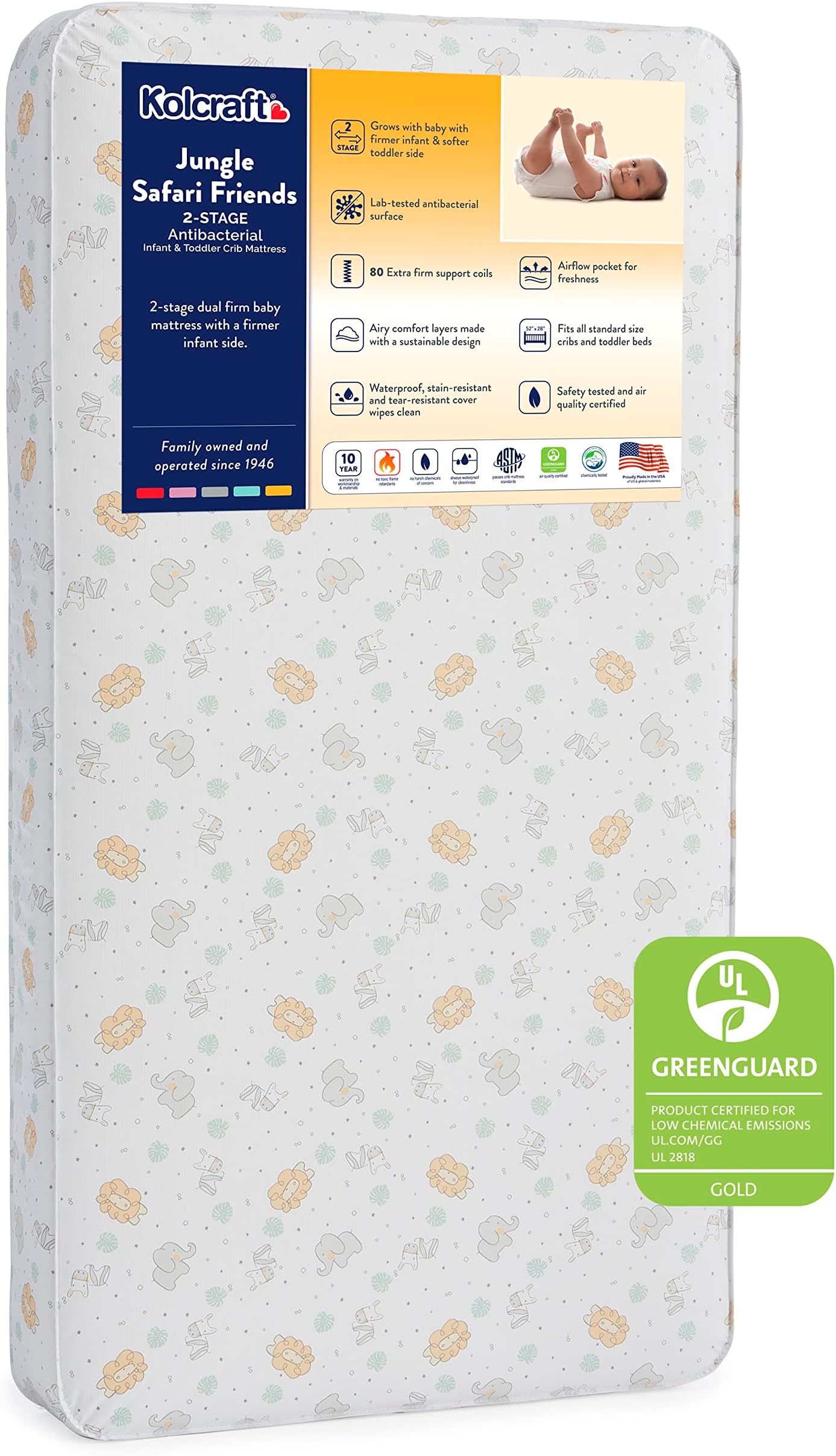 KolcraftCrib Mattress & Toddler Bed Mattress | BabyPedic 2-Stage Antibacterial Baby Mattress for Crib, Extra Firm Waterproof Crib Mattress - Jungle Safari Animals