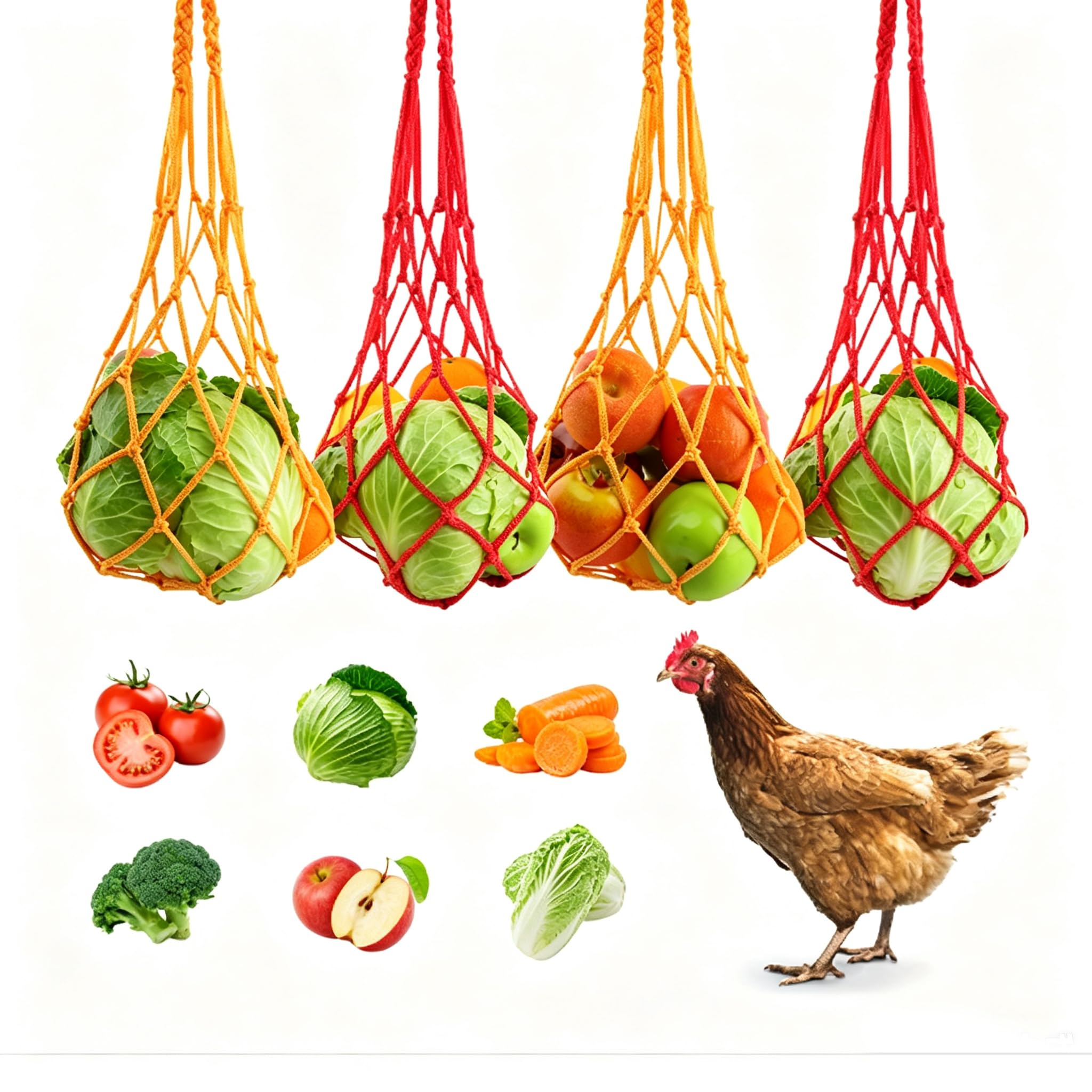 Photo 1 of 4PCS Chicken Vegetable Hanging Feeder String Bag & 2PCS 30" Straps