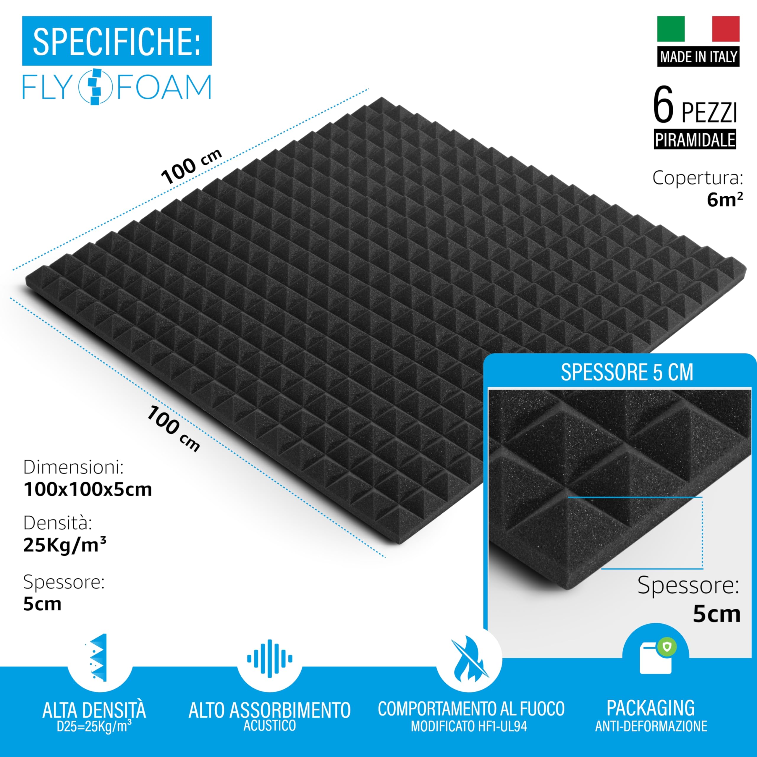 FLYFOAM | Pannello Fonoassorbente Piramidale in Poliuretano Espanso, 6 Pezzi da 100x100x5 cm, D25 con Comportamento al Fuoco HF1-UL94, per Assorbimento e Isolamento Acustico, Made in Italy