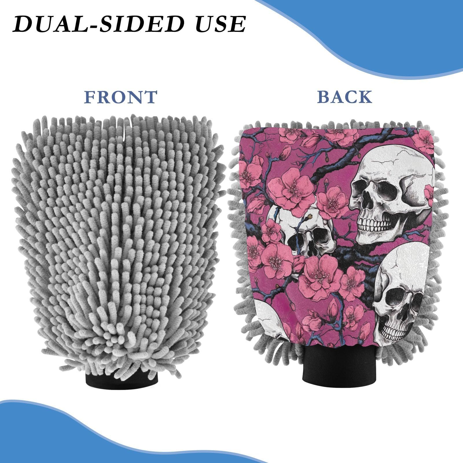 Flradish 2 Pack Skull and Flowers Car Wash Mitt Chenille Microfiber Lint-Free Scratch Free Ultra-Soft Absorbent Car Wash Mitt 10.2x7.09 Inch