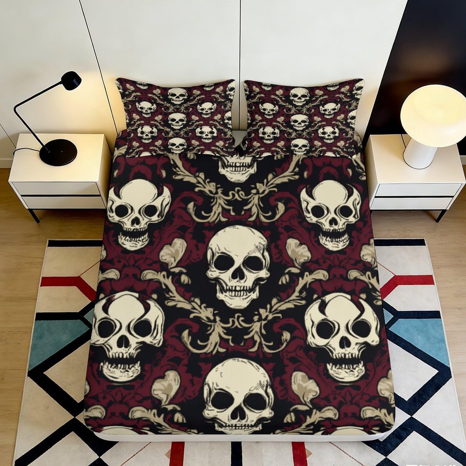 3D Printed Gothic Skull Fitted Sheet Microfiber Soft Anti-Slip Baroque Skull Mattress Cover for Bedroom Decor 90x200x25cm