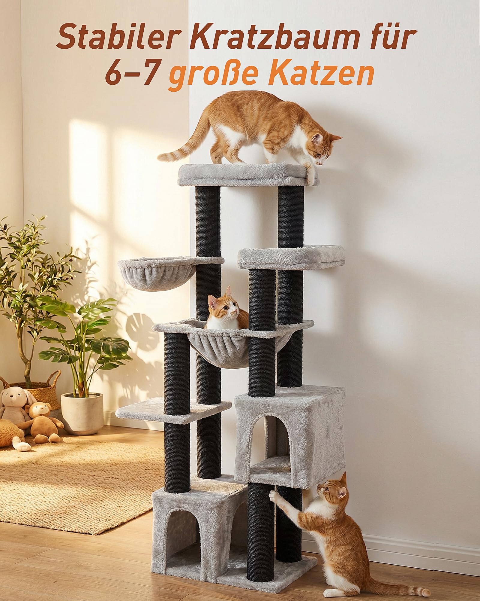 Kratzbaum für Große Katzen, 164cm Kratzbaum Groß, 11cm d Stämme | Kratzbaum Grosse Katzen Stabil, 2 Hängematte, 2 Plüschplattform, 2 Höhle, Mehrstöckiger Katzenbaum für Große Katzen, Grau