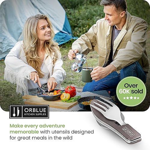Vista 16 de Orblue Utensilios de comida 4 en 1, paquete de 2 – Cuchara portátil, tenedor, cuchillo y abridor de botellas – Cubiertos de acero inoxidable