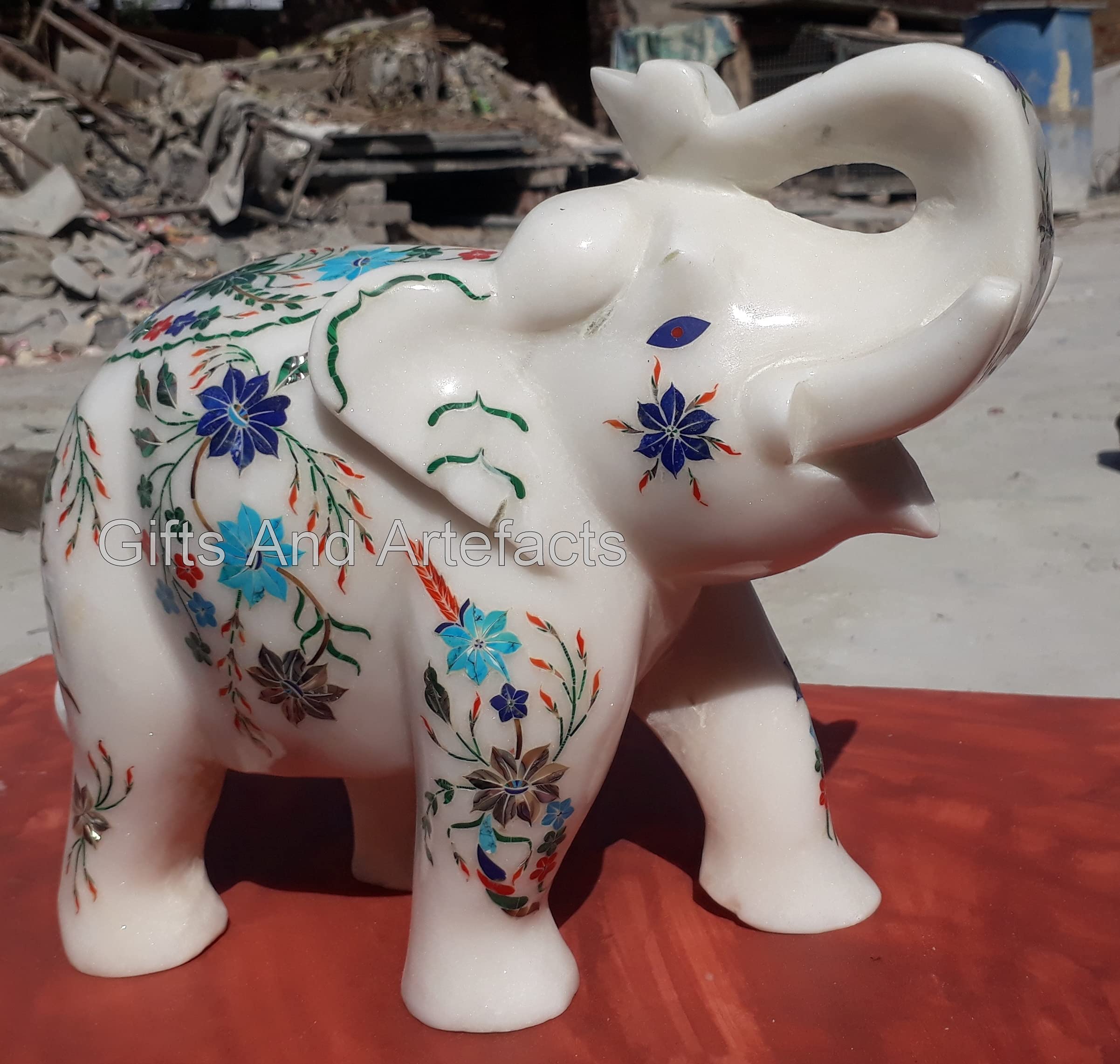 Estatua de elefante de piedras semipreciosas con incrustaciones de trabajo de mármol blanco de 8 pulgadas, escultura de elefante de buena suerte para regalo de inauguración de la casa
