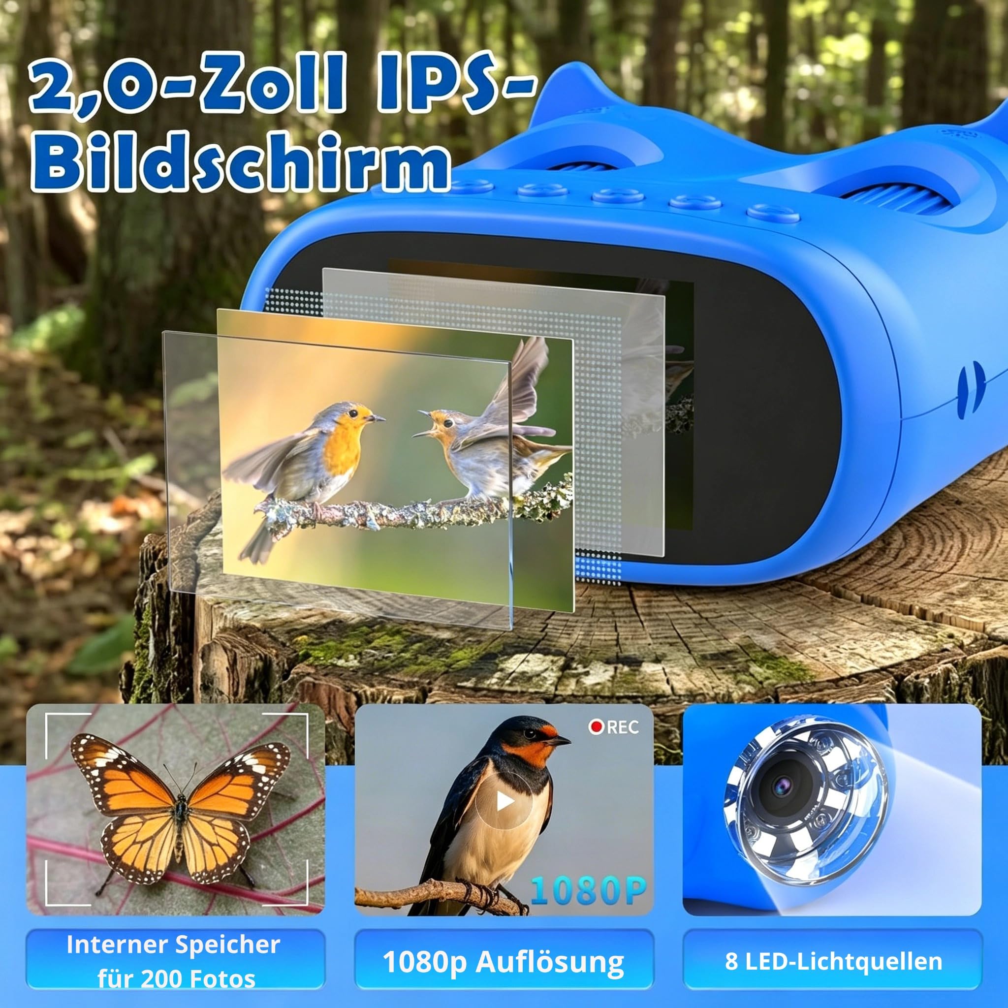 2 in 1 Mikroskop für Kinder und Fernglas Kinder, 2,0" IPS HD Mikroskop, 1000x Vergrößerung Teleskop mit 8 LEDs 1080P, Natur Outdoor Spielzeug für Mädchen Jungen ab 3 Jahre, Blau