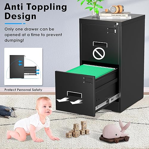 Miniatura 8 de Greenvelly Archivador de 2 cajones, archivador lateral negro con cerradura, archivadores de oficina para tamaño legalcartaA4F4 con archivos