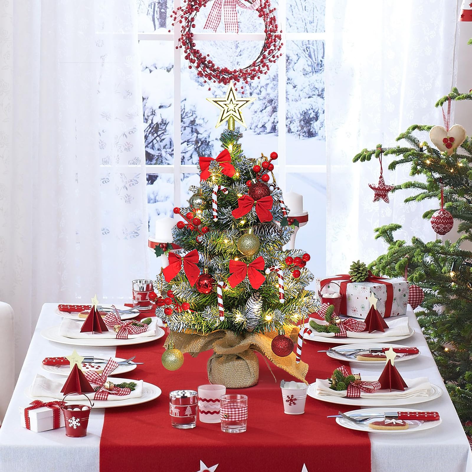 Mini Albero di Natale Artificiale,60cm Albero di Natale Decorato Artificialmente con illuminazione a LED,Fogliame Folto e Realistico In PVC,Base In Juta,per Feste,Festival,Tavoli da Pranzo