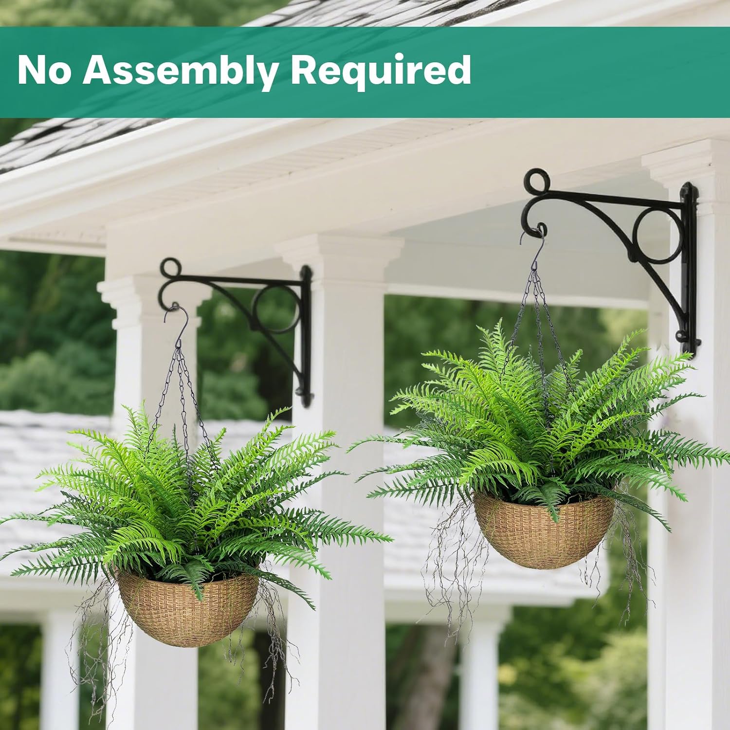 2 Set Artificial Hanging Ferns Planters, Outdoor Fake Hanging Plants, UV Resistant Realistic Faux Ferns Plants Greenery for Front Porch Patio Garden Home Decor
