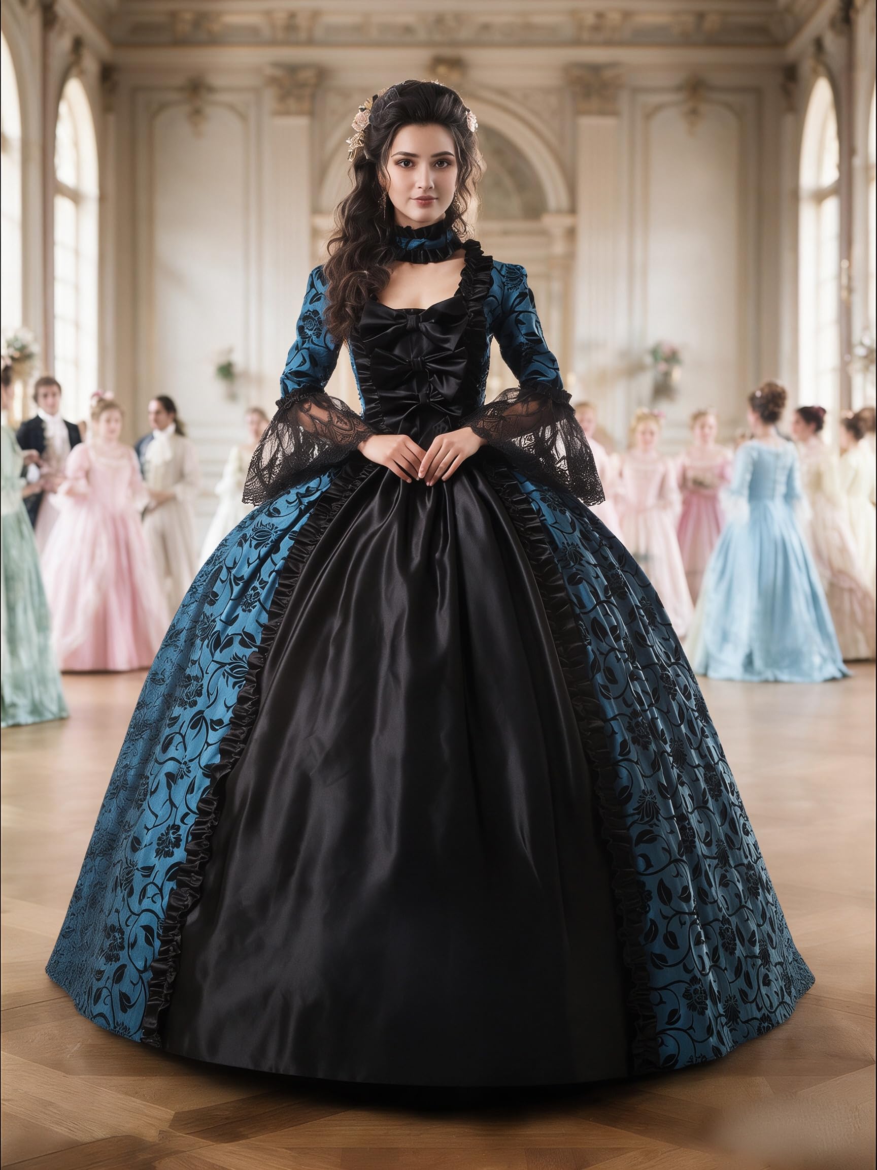 CountryWomen 18th Century Damen Rokoko Ballkleid Druck Lang Gothic Viktorianisches Kleid Maskerade Thema Kleider