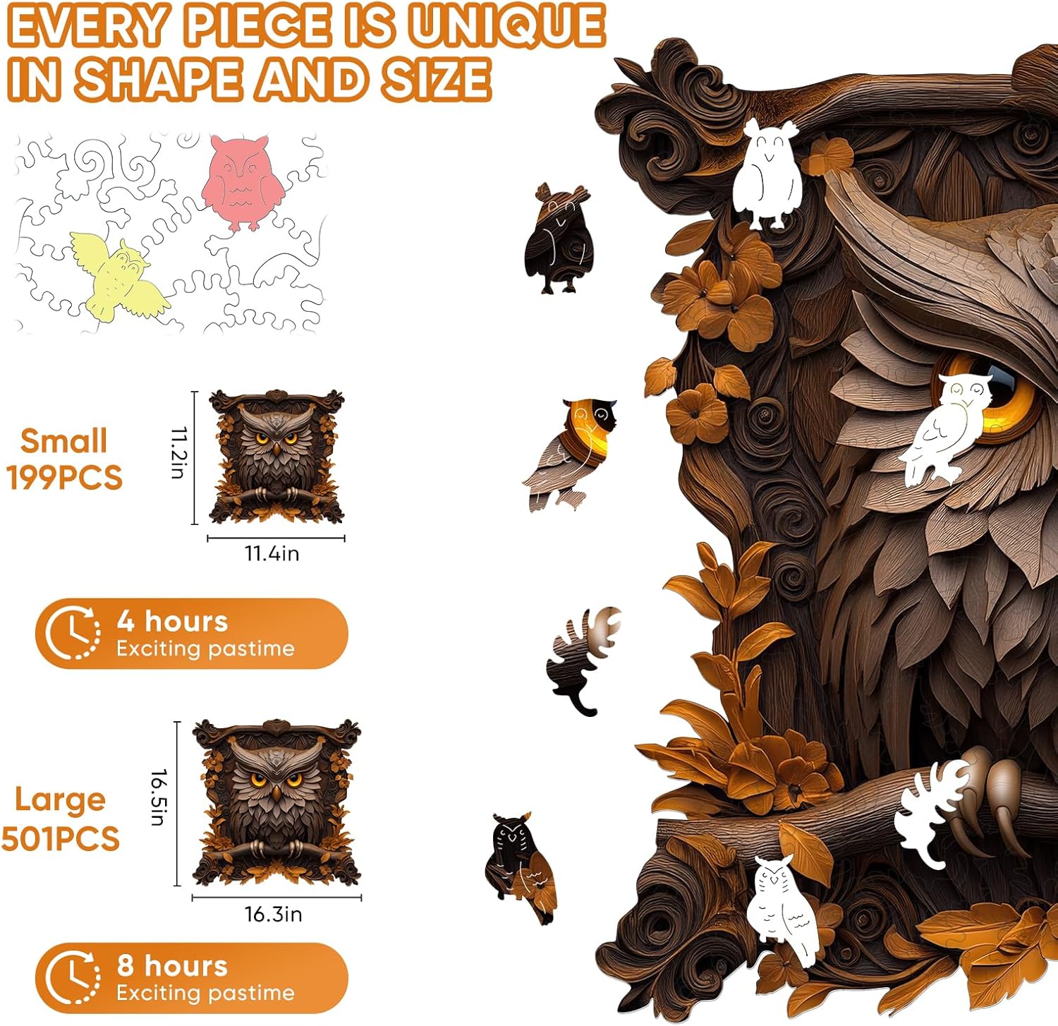 Pikoqunc Owl Wooden Puzzles for Adults,Animal Jigsaw with Unique Pieces & Vibrant Art Design,Brain Teaser and Thoughtful Gift for Puzzle Lovers,Family and Friends 199 Pcs (1.4x11.2 Inches)