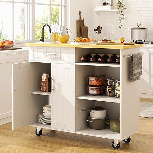 SUNLEI Isla de cocina con armario de almacenamiento, carrito de cocina de 42 pulgadas con ruedas con estantes, asa de carrito para toallero o