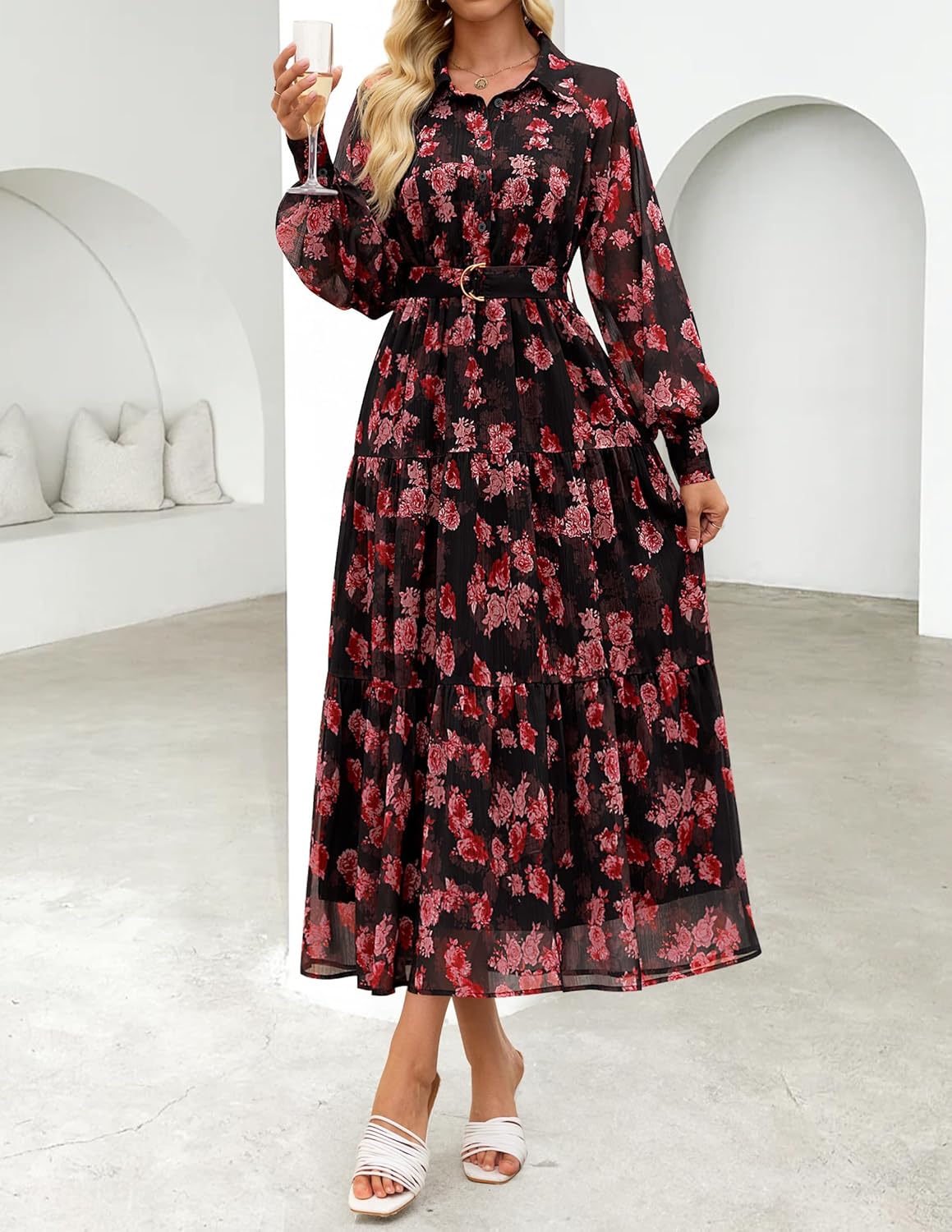 ZESICA Women's Spring Floral Long Sleeve Maxi Dresses 2026 Casual Button Belted Chiffon Boho Wedding Guest Party Dress - Image 3