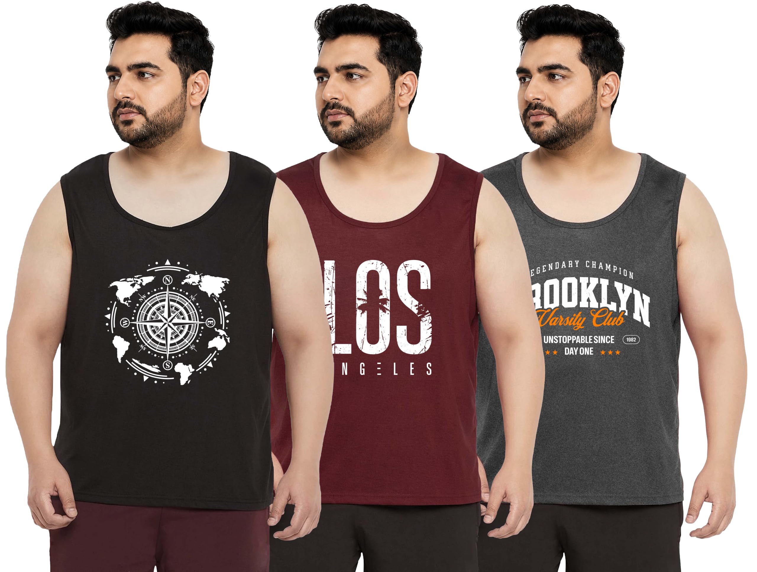 Cotton Printed Plus Size Vest for Men | Round Neck, Regular Fit, Sleeveless Plus Size | Men's Tank Top | 3XL, 4XL, 5XL | Perfect for Workouts Gym | A19 | Combo Pack of 3-picture-54