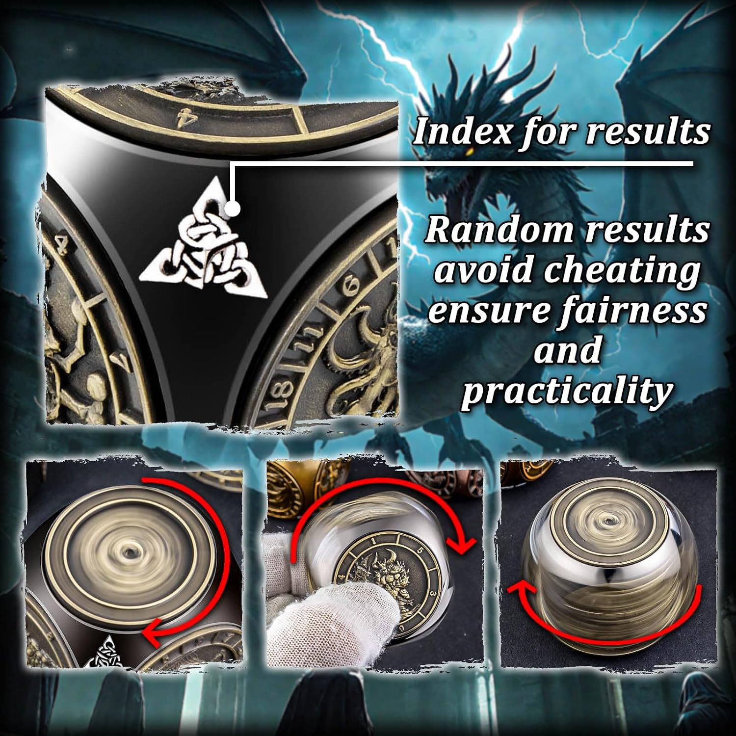 Roycevon 7 in 1 Unique Spinner DND Dice Set D&D, Metal D and D Dice with Gift Box, Dungeons Dragons Role Playing Dice, Black Bronze image 4