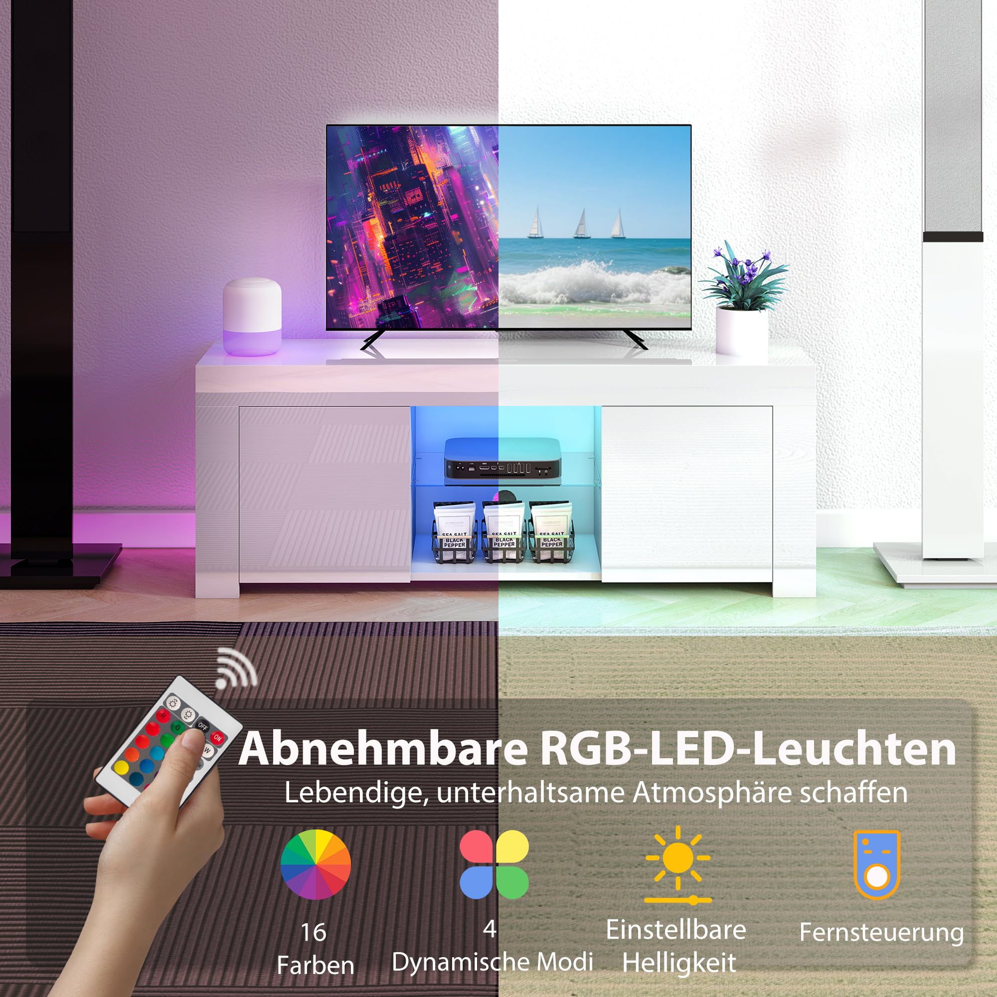 HOMCOM Meuble TV avec LED, pour TV 55 pouces, blanc, 120x34x45cm