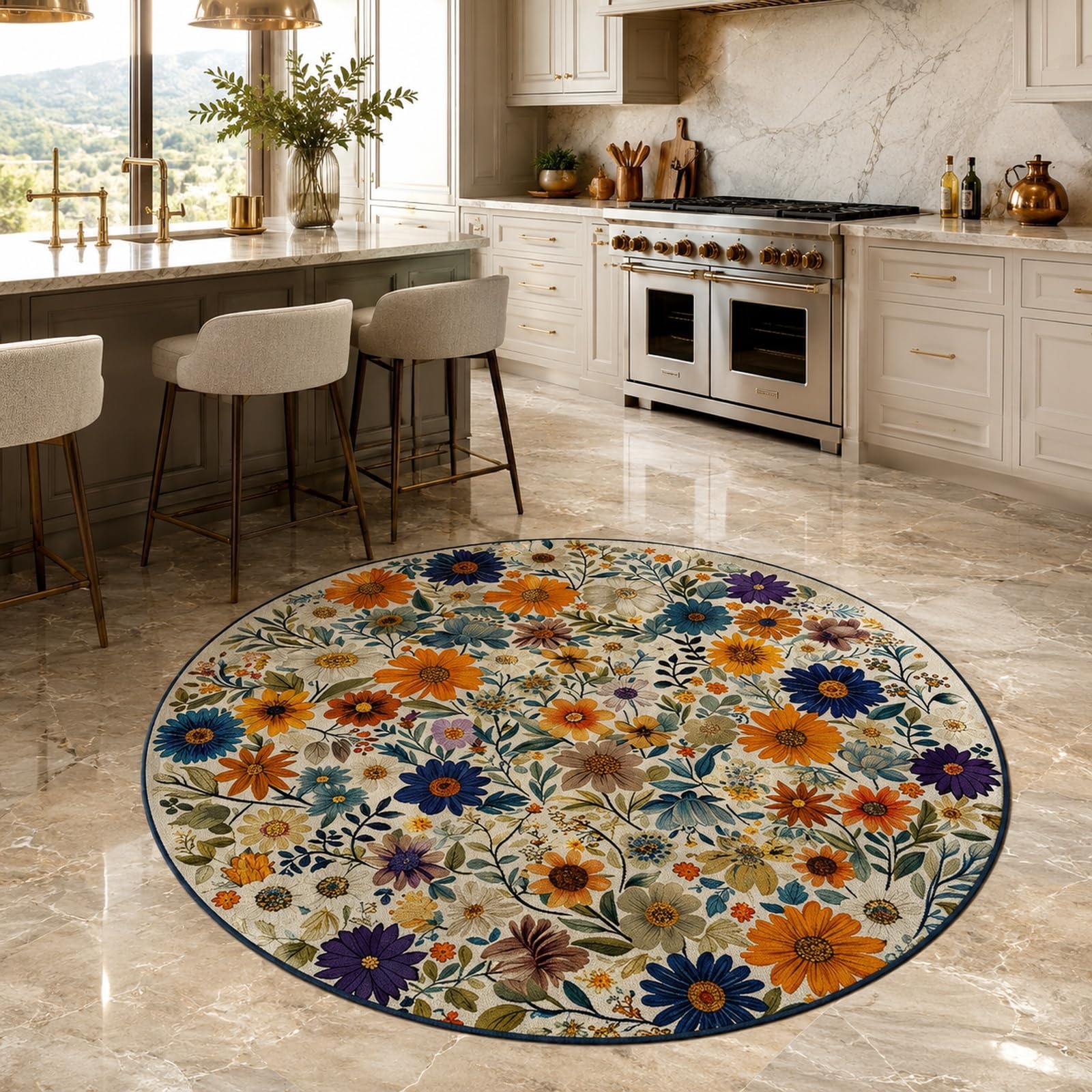 Tapis rond antidérapant 90 cm lavable avec motif de fleurs orange et bleu