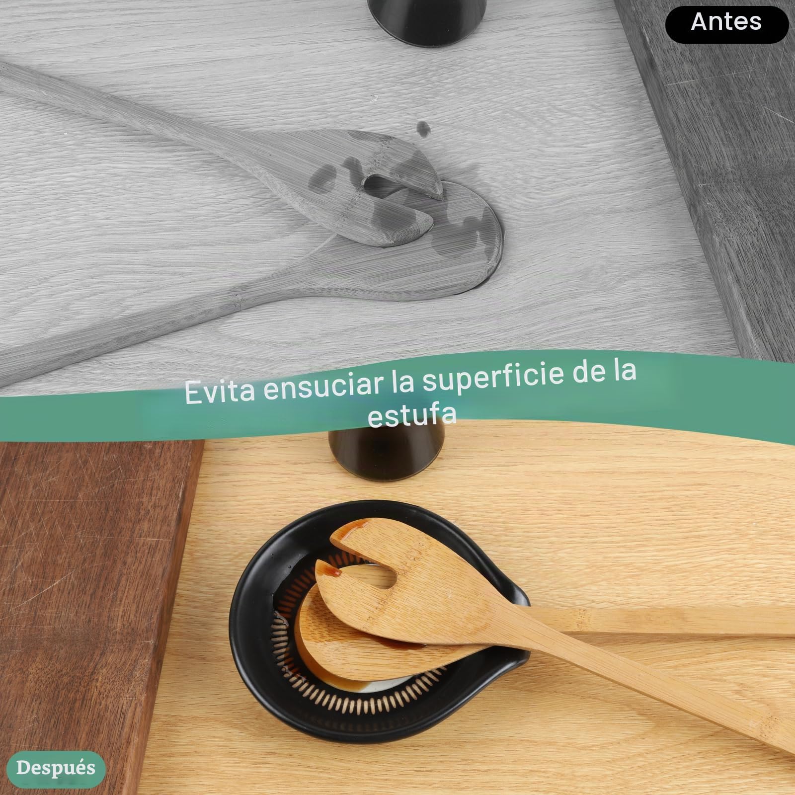 Toski Reposa Cucharas Ceramica para Estufa Mostrador de Cocina, Posacucharas Resistente Calor, Soporte De Cuchara Negro, Grande Reposacucharas para Espátulas, Cucharas, Pinzas, Apto Para Lavavajillas
