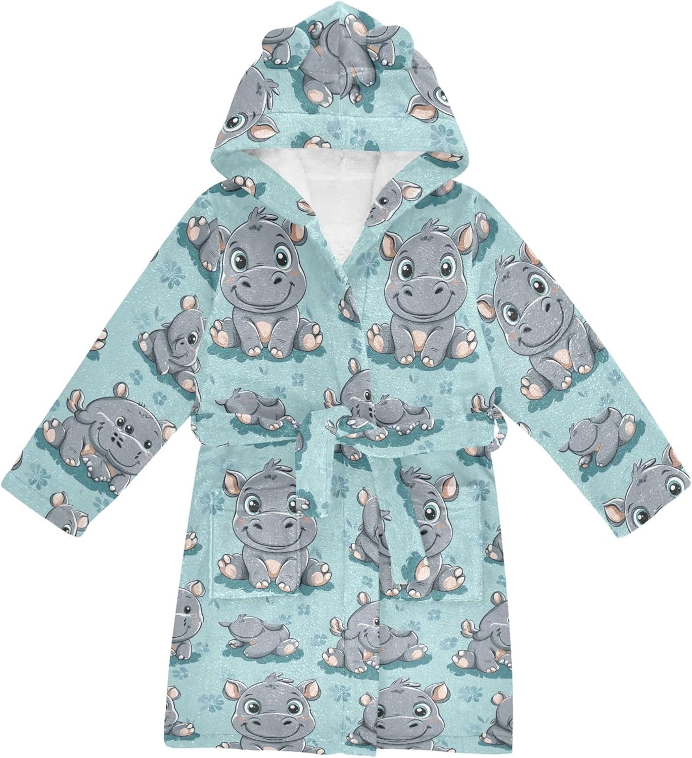 Cartoon Hippo Bathrobe Hooded PJ Robe Soft Fleece Robe Pajama Sleepwear 2-12 Years